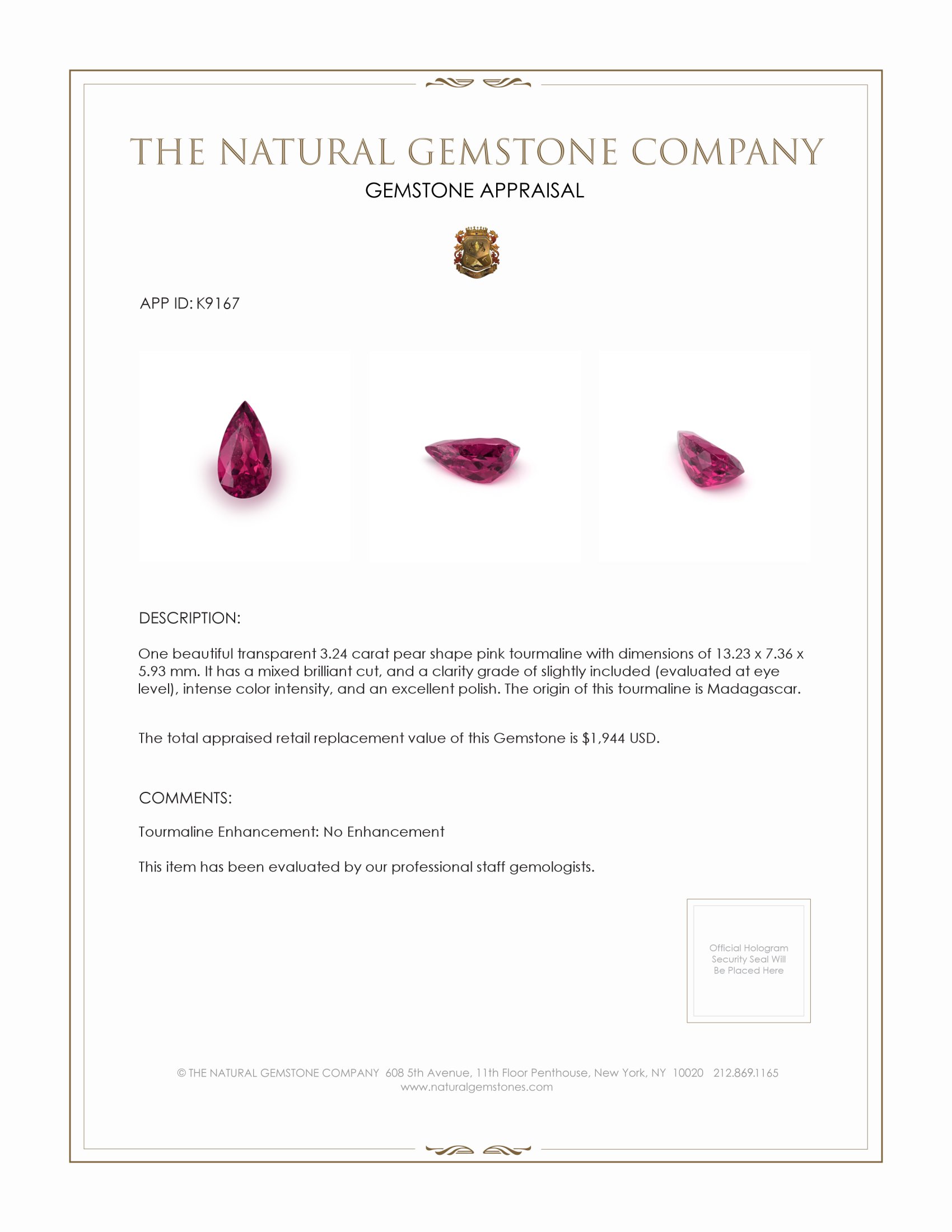 3.24 Ct. Purplish Pink Tourmaline from Madagascar