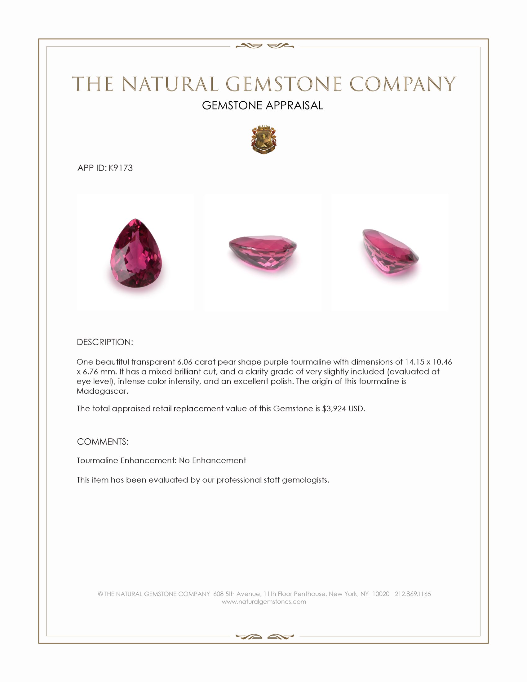 6.06 Ct. Purplish Pink Tourmaline from Madagascar