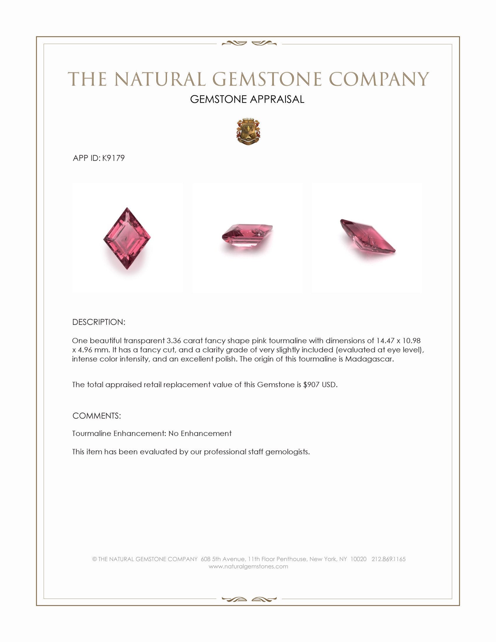 3.36 Ct. Pink Tourmaline from Madagascar