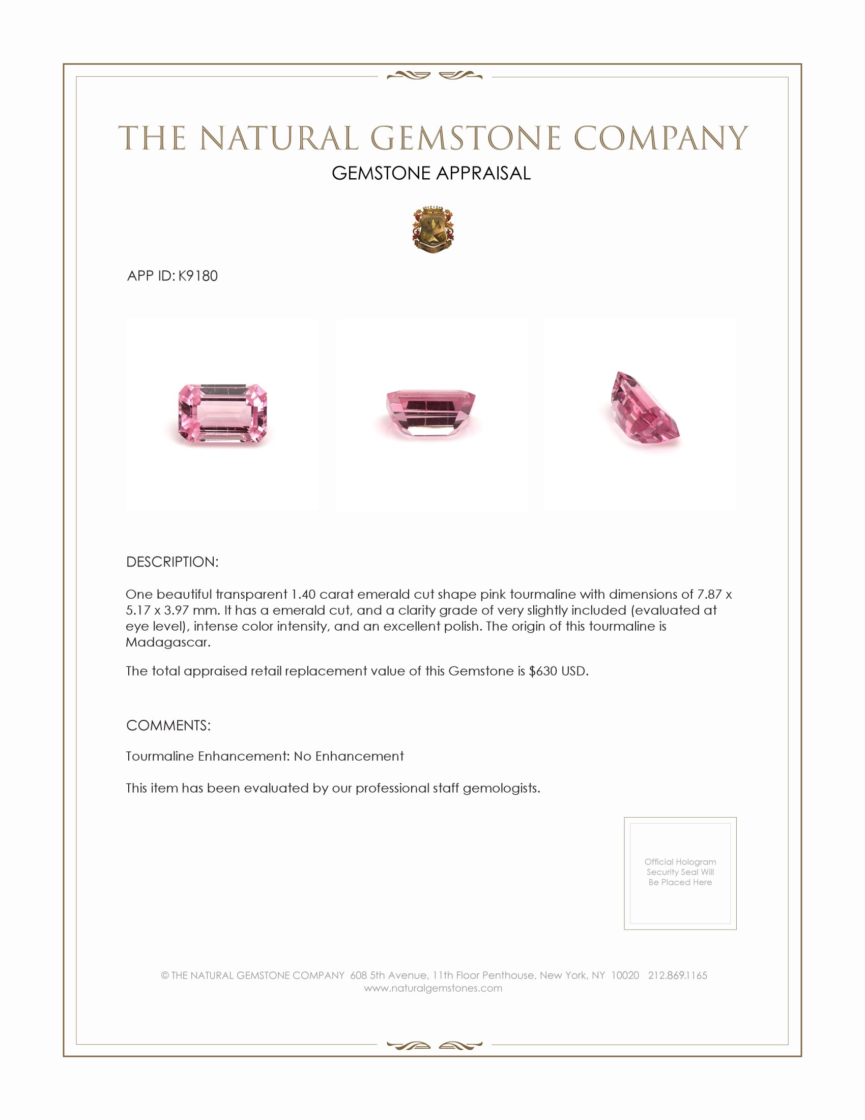 1.40 Ct. Pink Tourmaline from Madagascar