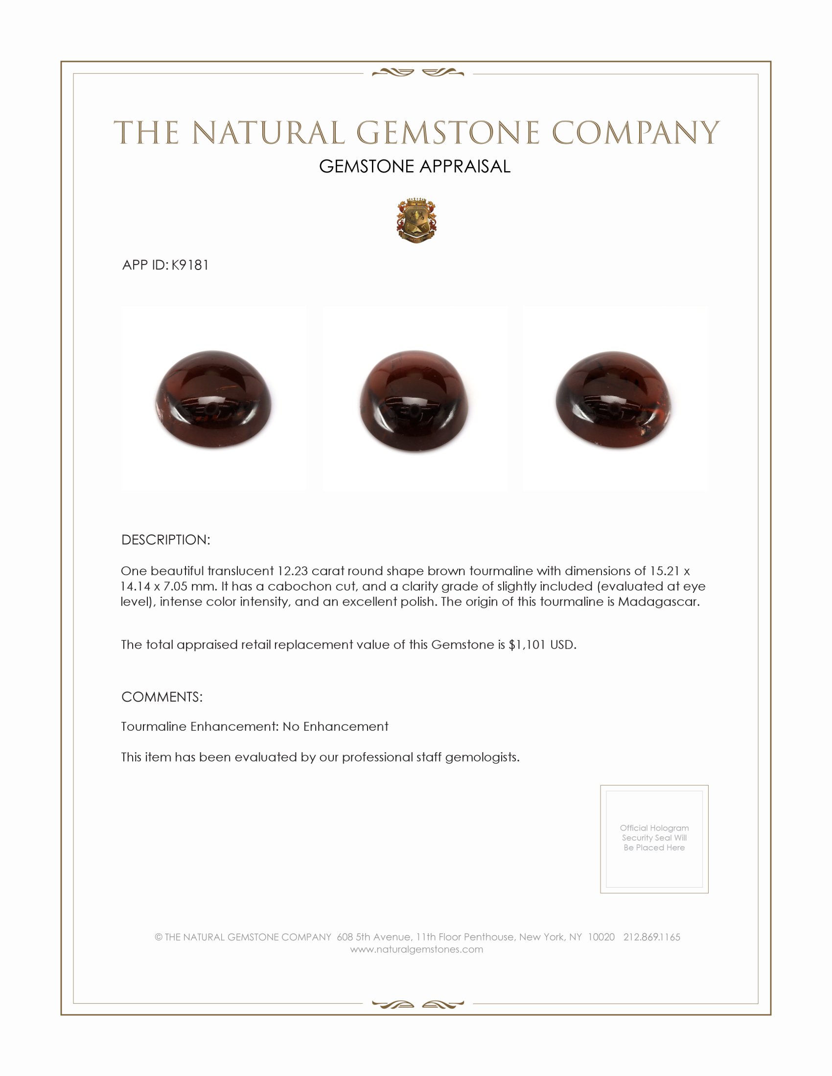 12.23 Ct. Brown Cabochon Tourmaline from Madagascar