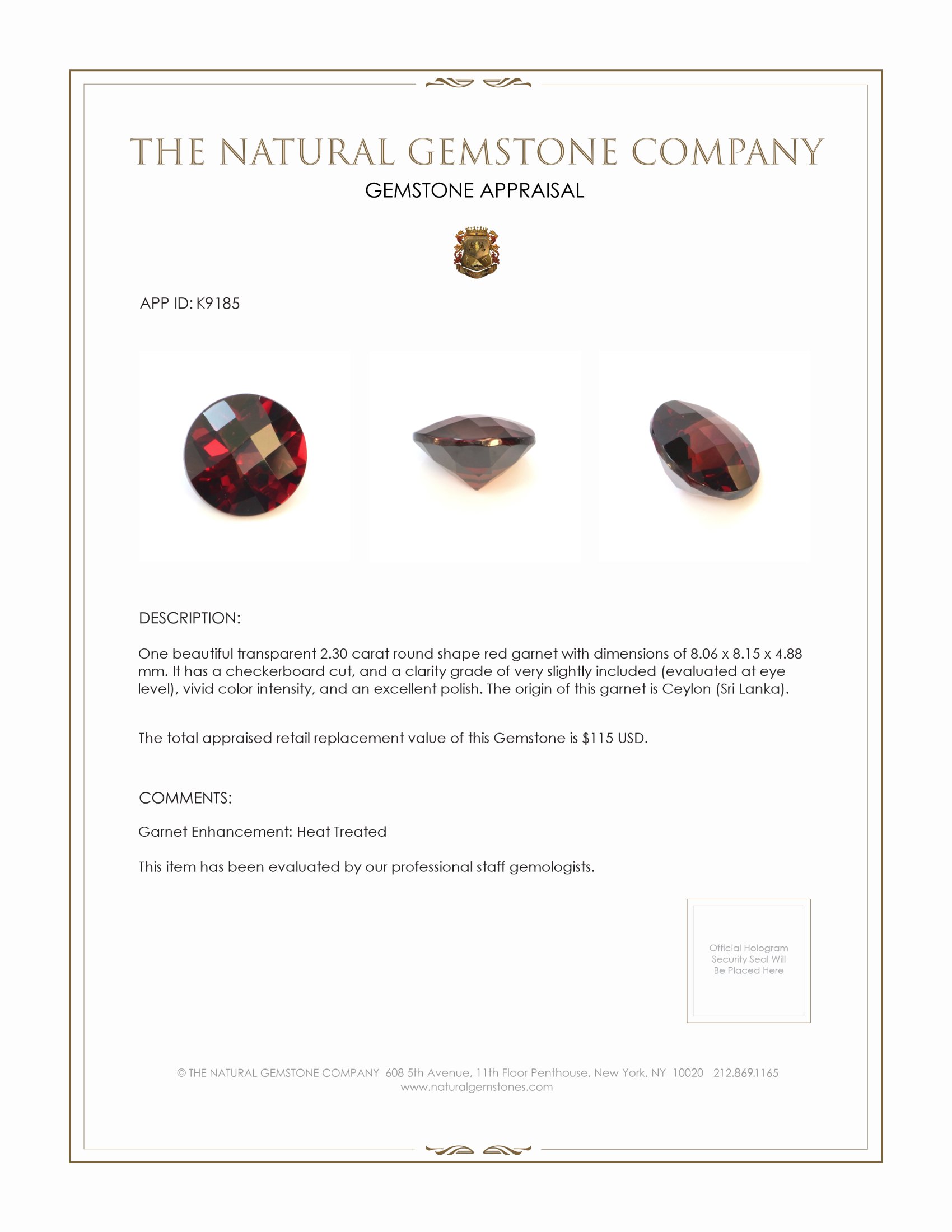 2.30 Ct. Red Garnet from Ceylon (Sri Lanka)