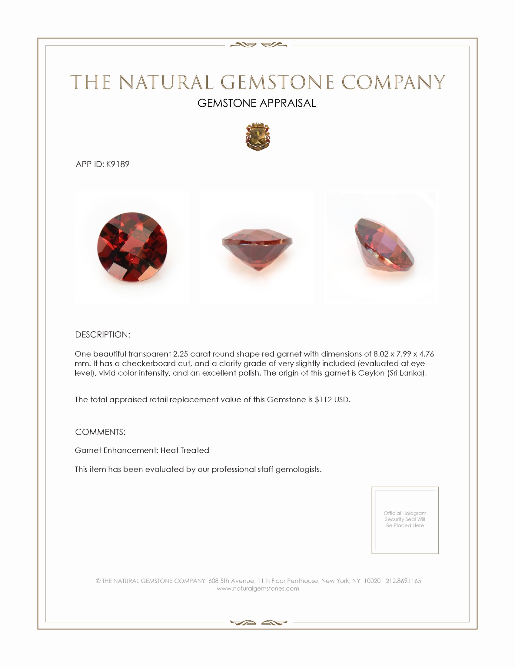 2.25 Ct. Garnet from Ceylon (Sri Lanka)