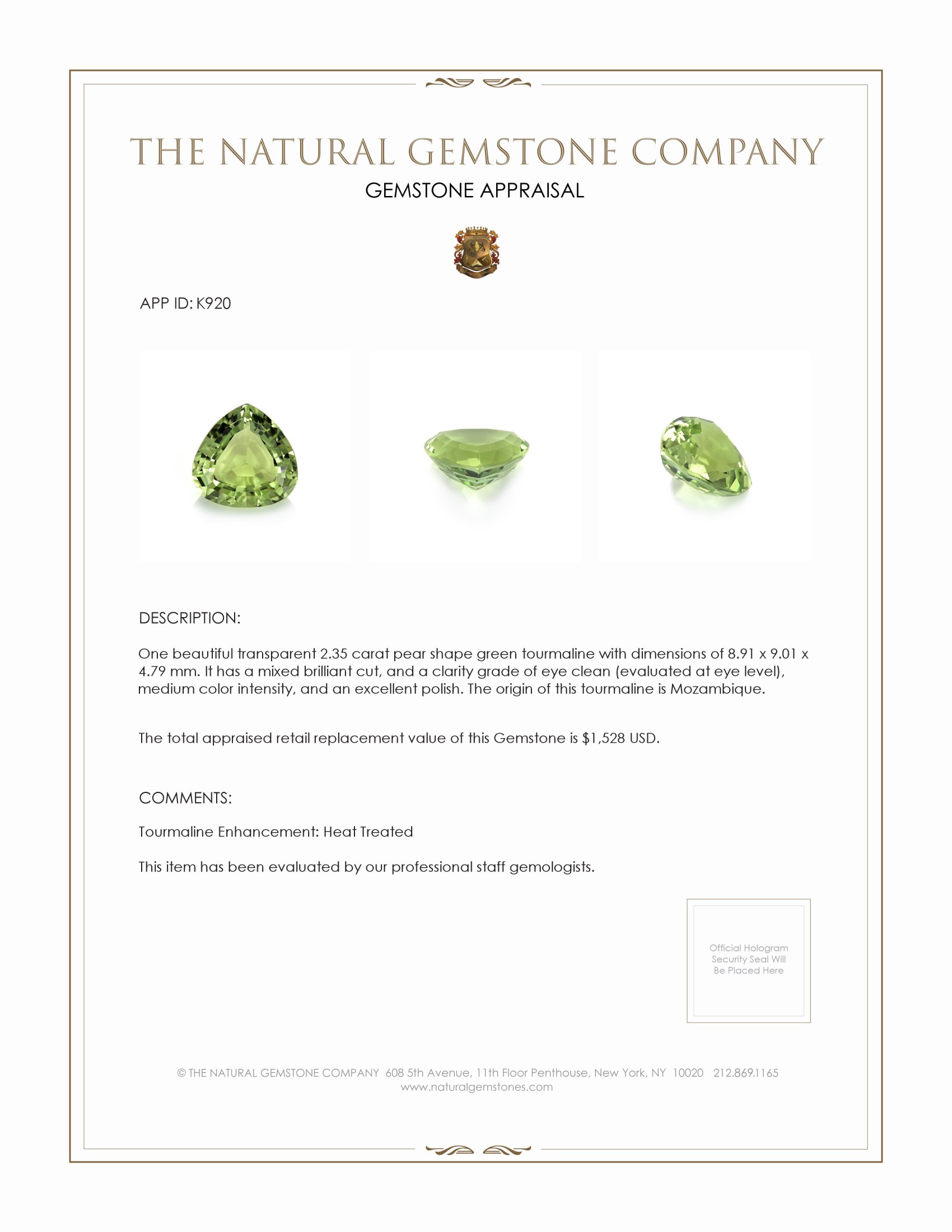 2.35 Ct. Green Tourmaline from Mozambique