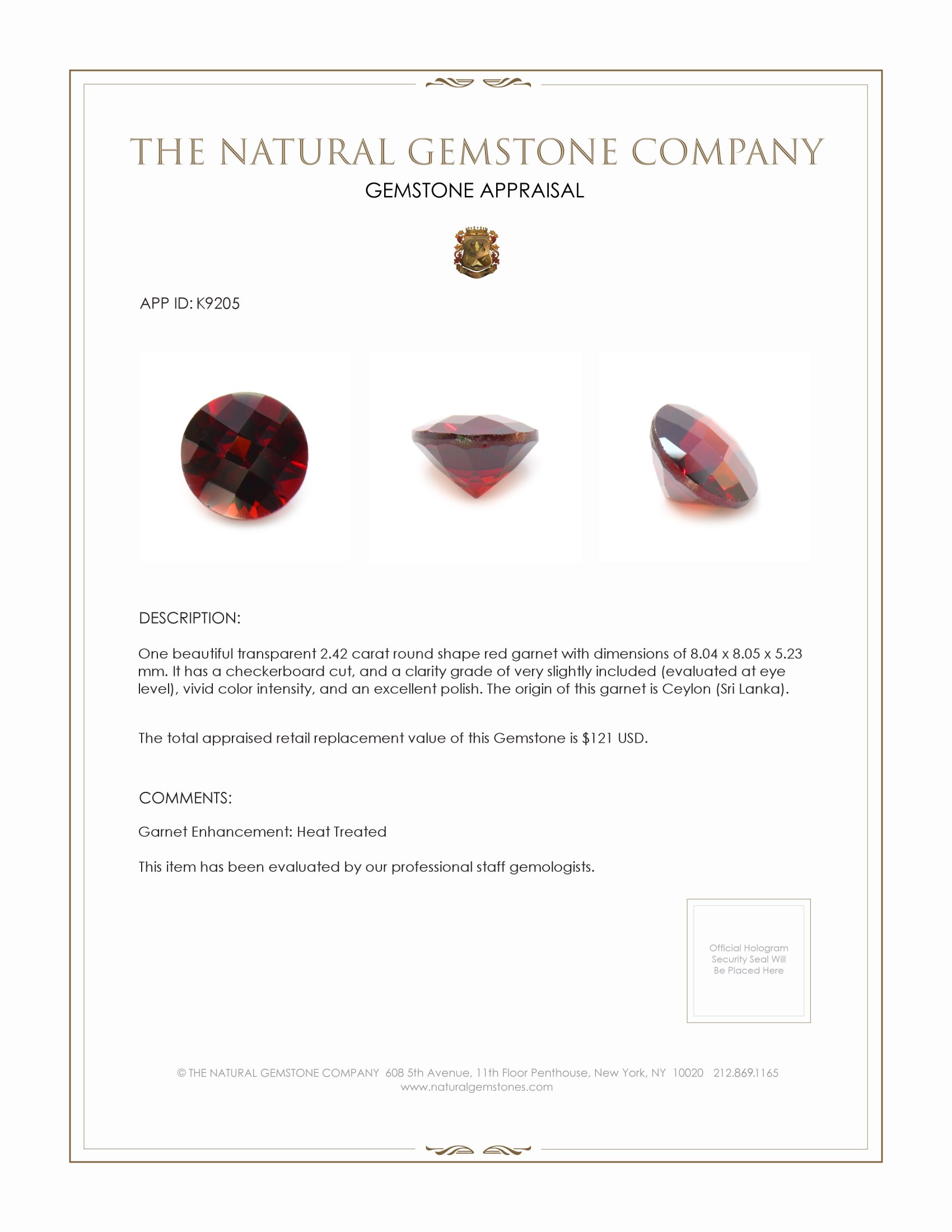 2.42 Ct. Red Garnet from Ceylon (Sri Lanka)