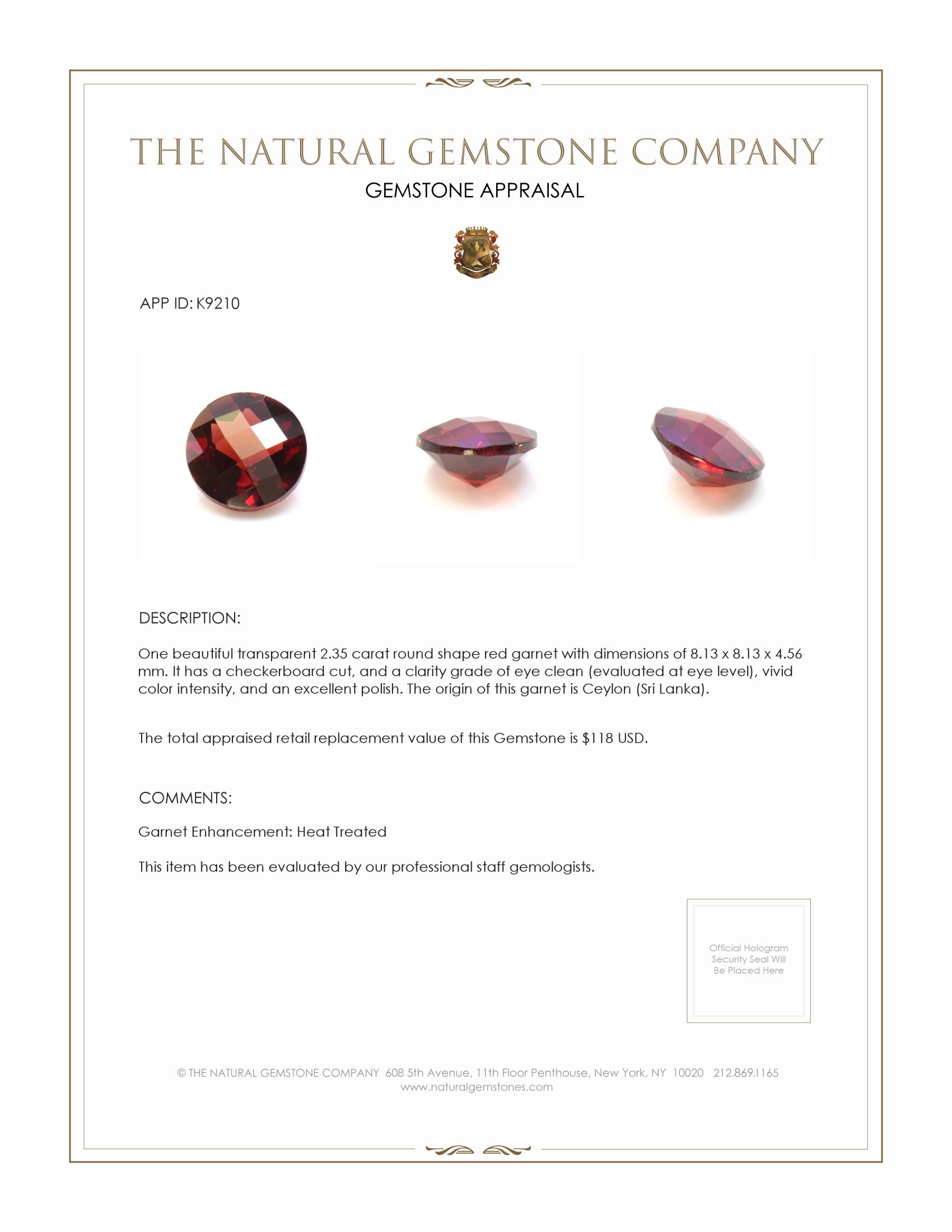 2.35 Ct. Garnet from Ceylon (Sri Lanka)