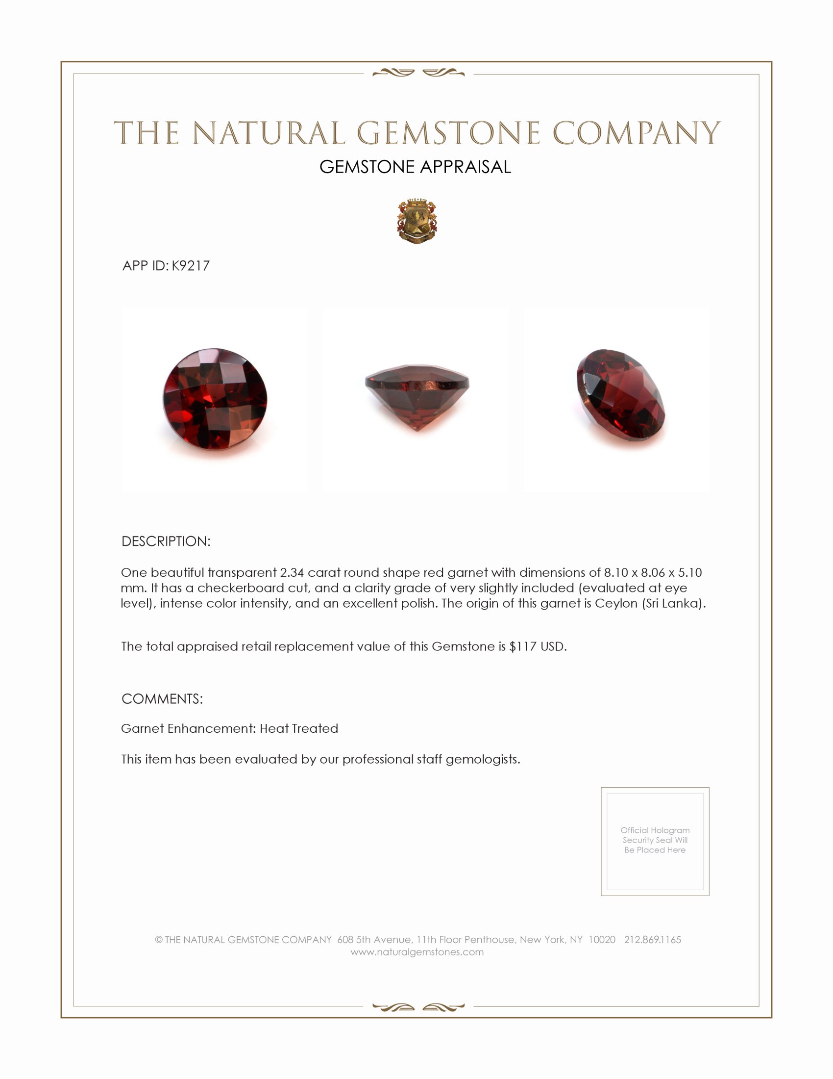 2.34 Ct. Garnet from Ceylon (Sri Lanka)