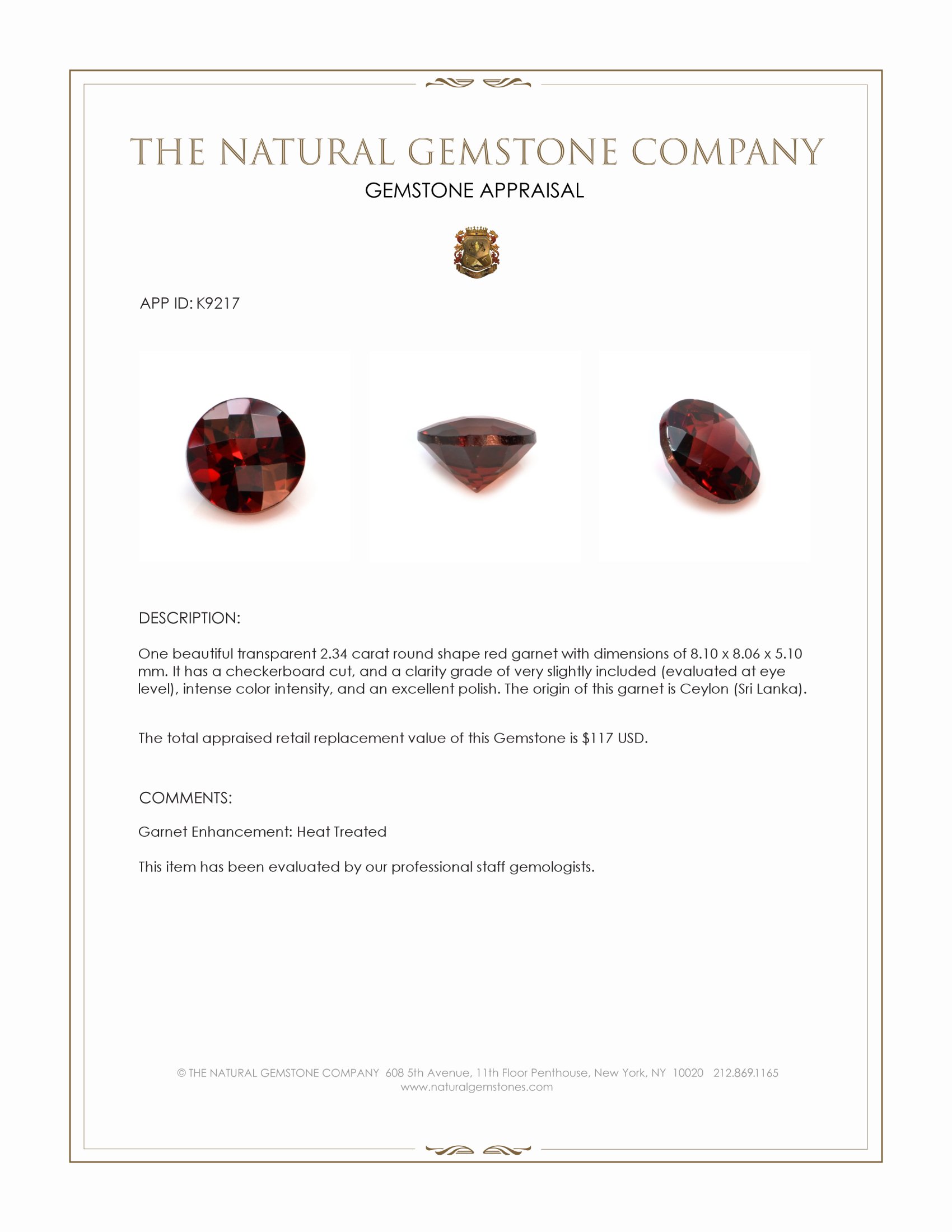 2.34 Ct. Garnet from Ceylon (Sri Lanka)