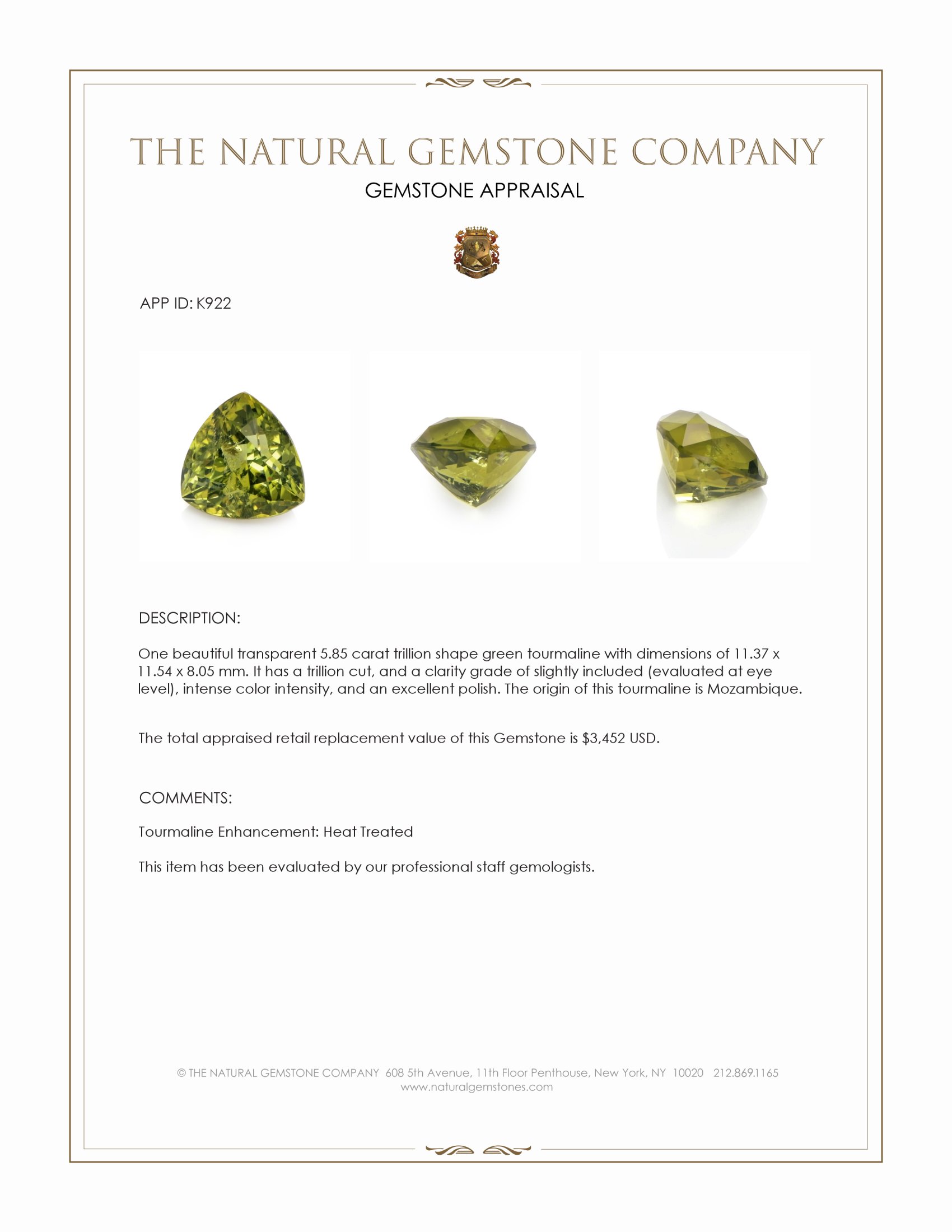 5.85 Ct. Yellowish Green Tourmaline from Mozambique