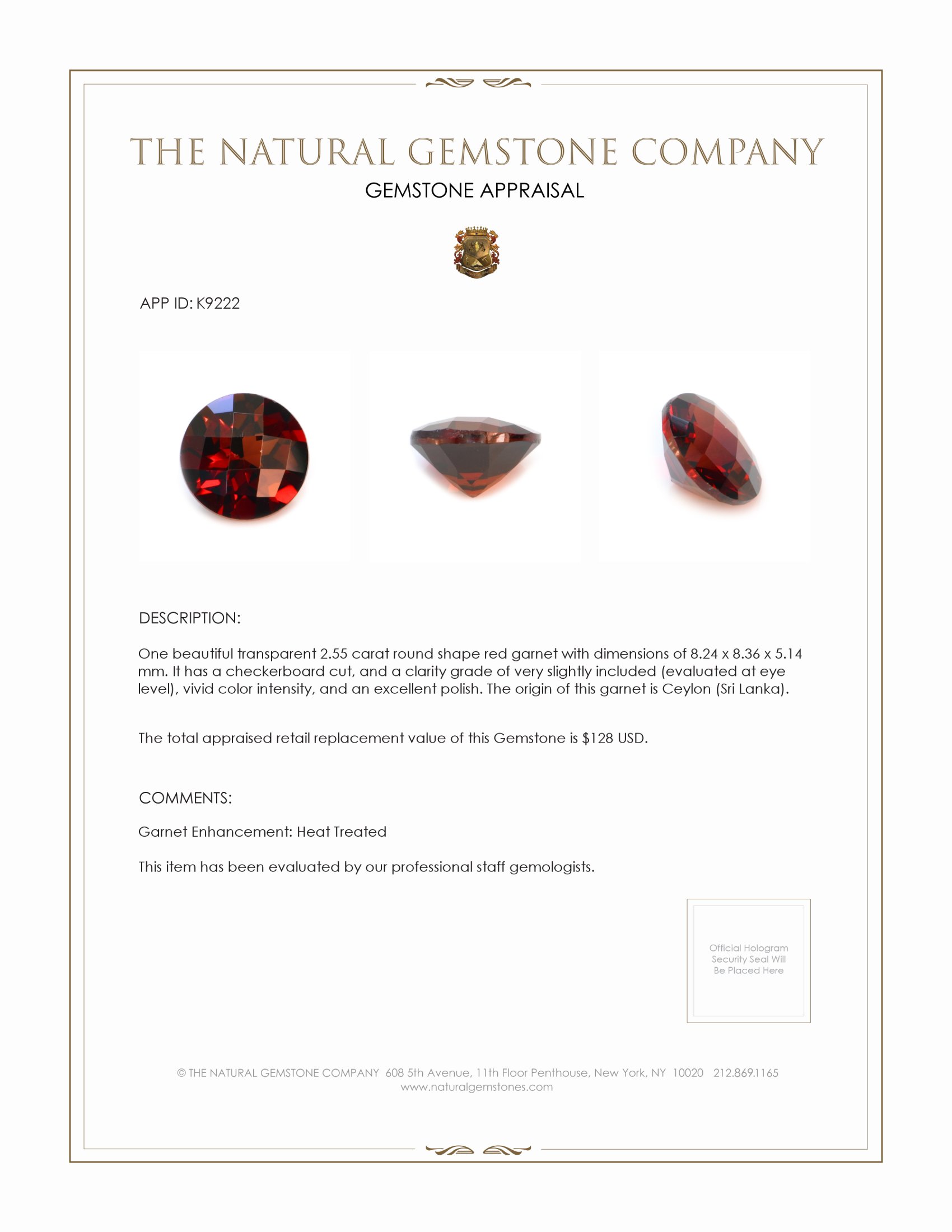 2.55 Ct. Garnet from Ceylon (Sri Lanka)