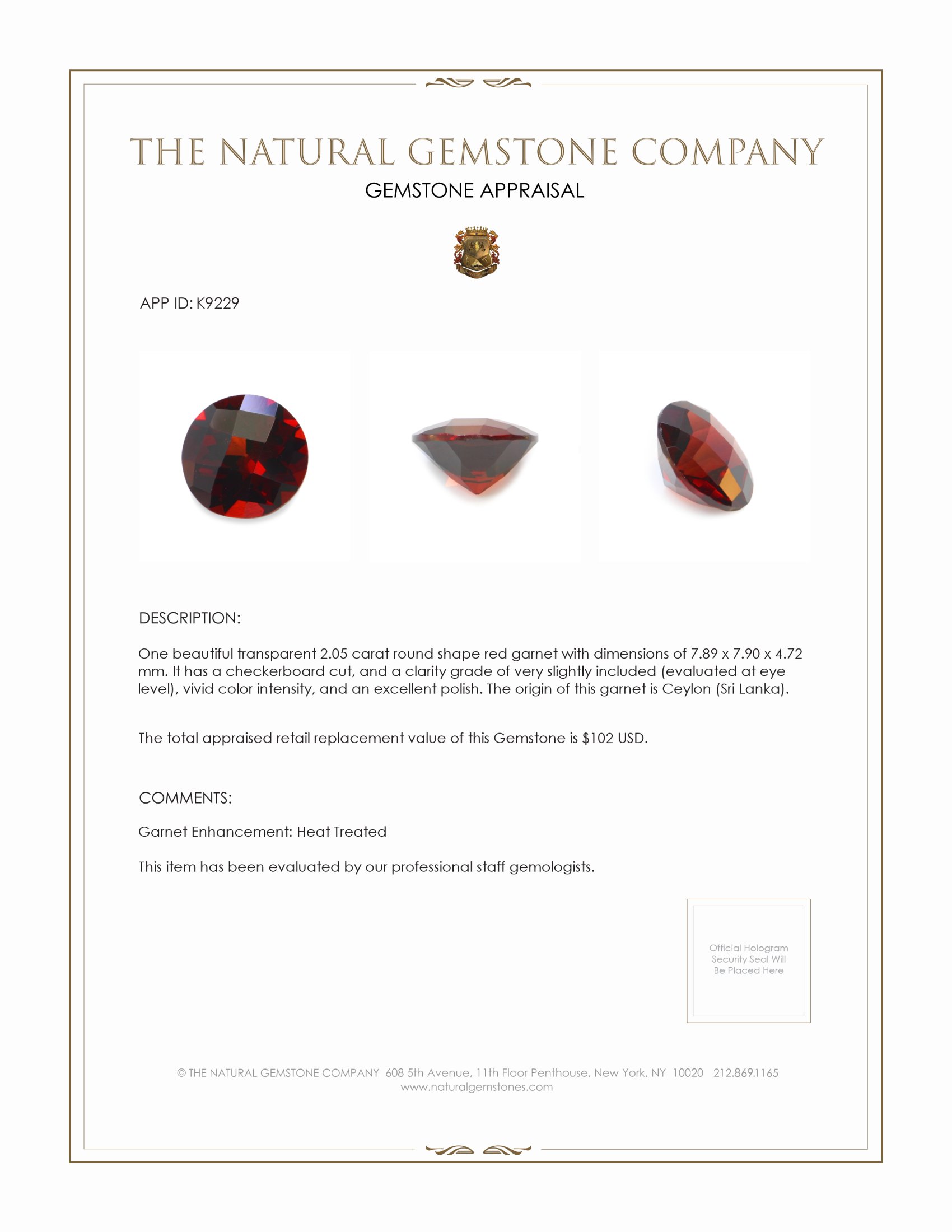 2.05 Ct. Garnet from Ceylon (Sri Lanka)