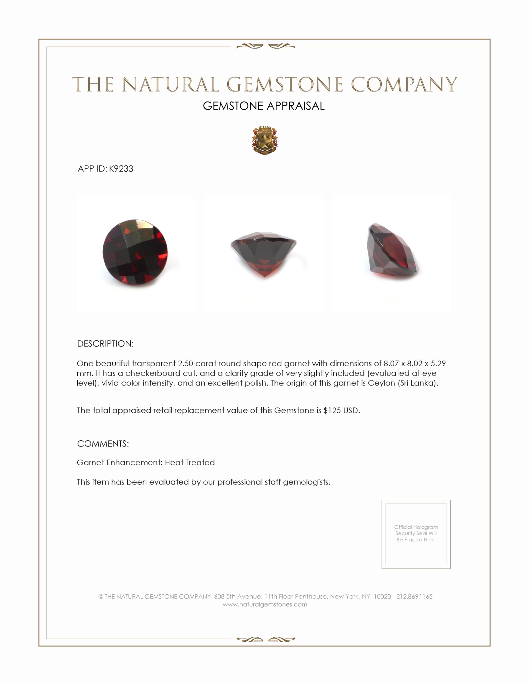 2.50 Ct. Garnet from Ceylon (Sri Lanka)