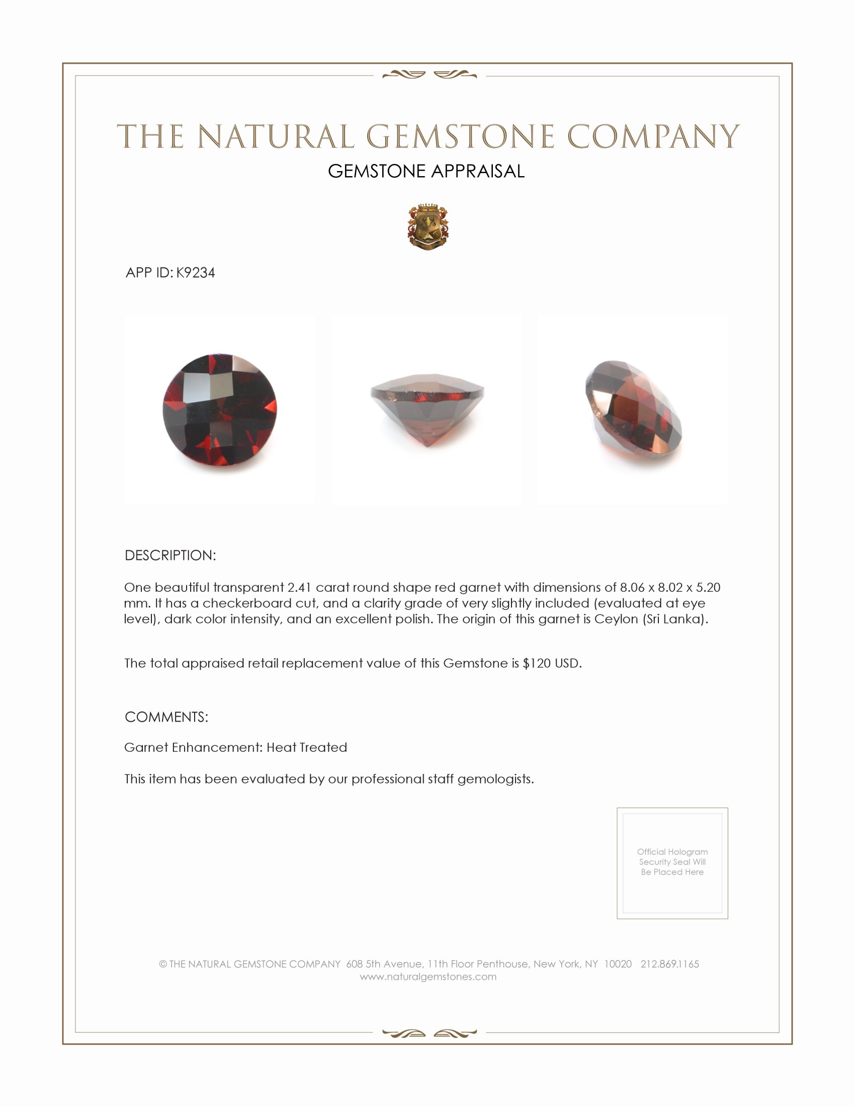 2.41 Ct. Garnet from Ceylon (Sri Lanka)