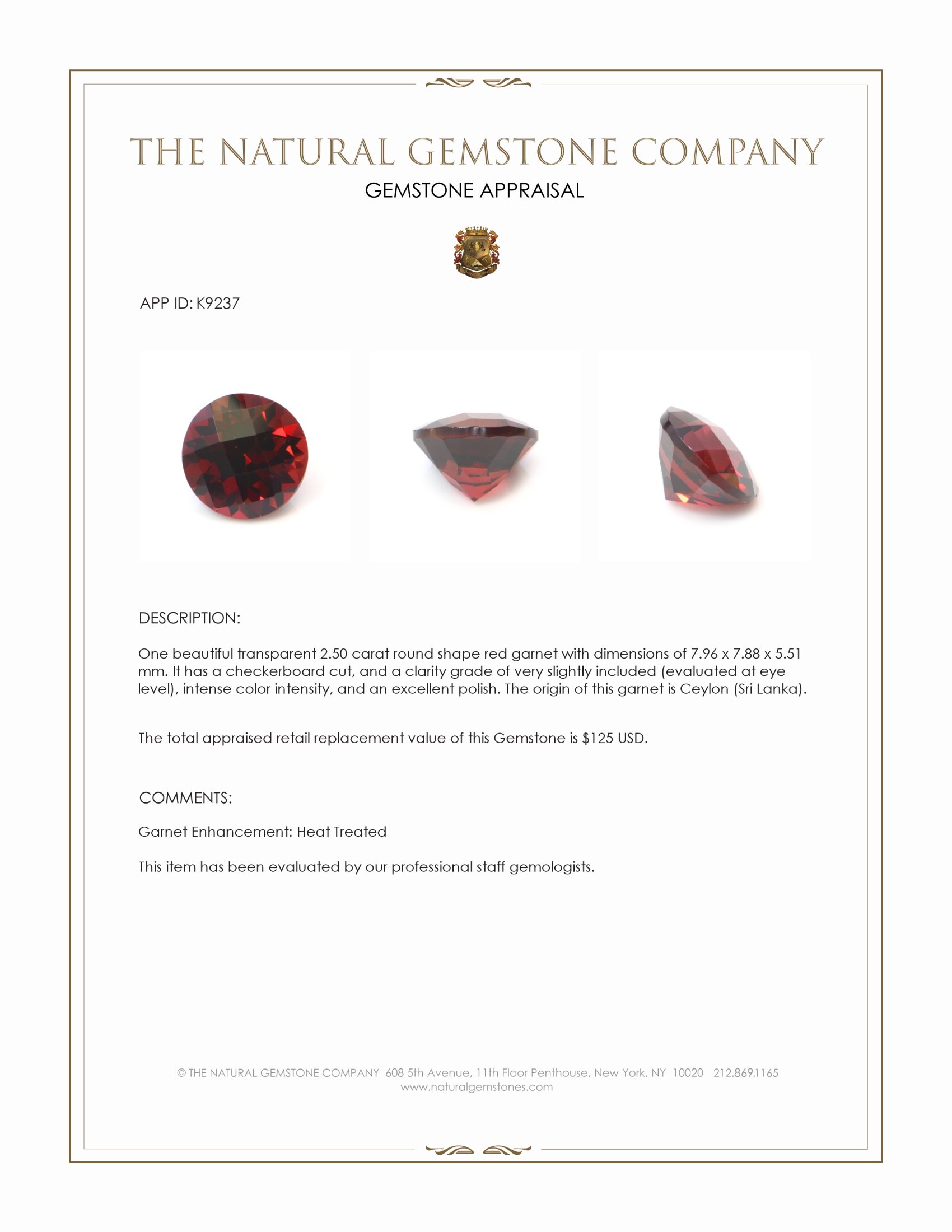 2.50 Ct. Garnet from Ceylon (Sri Lanka)