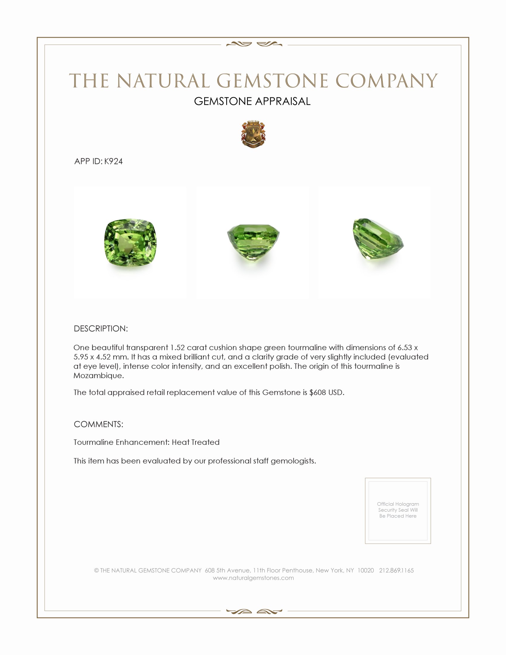 1.52 Ct. Green Tourmaline from Mozambique