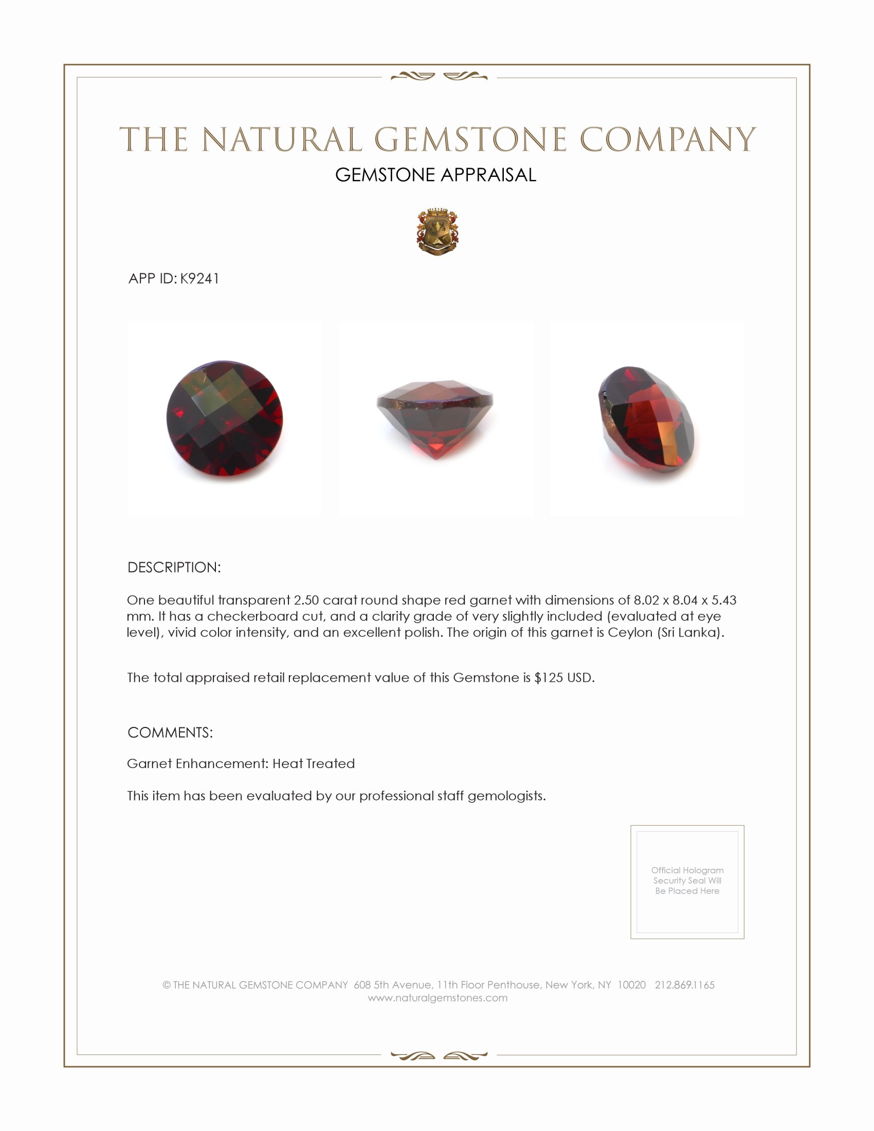 2.50 Ct. Garnet from Ceylon (Sri Lanka)