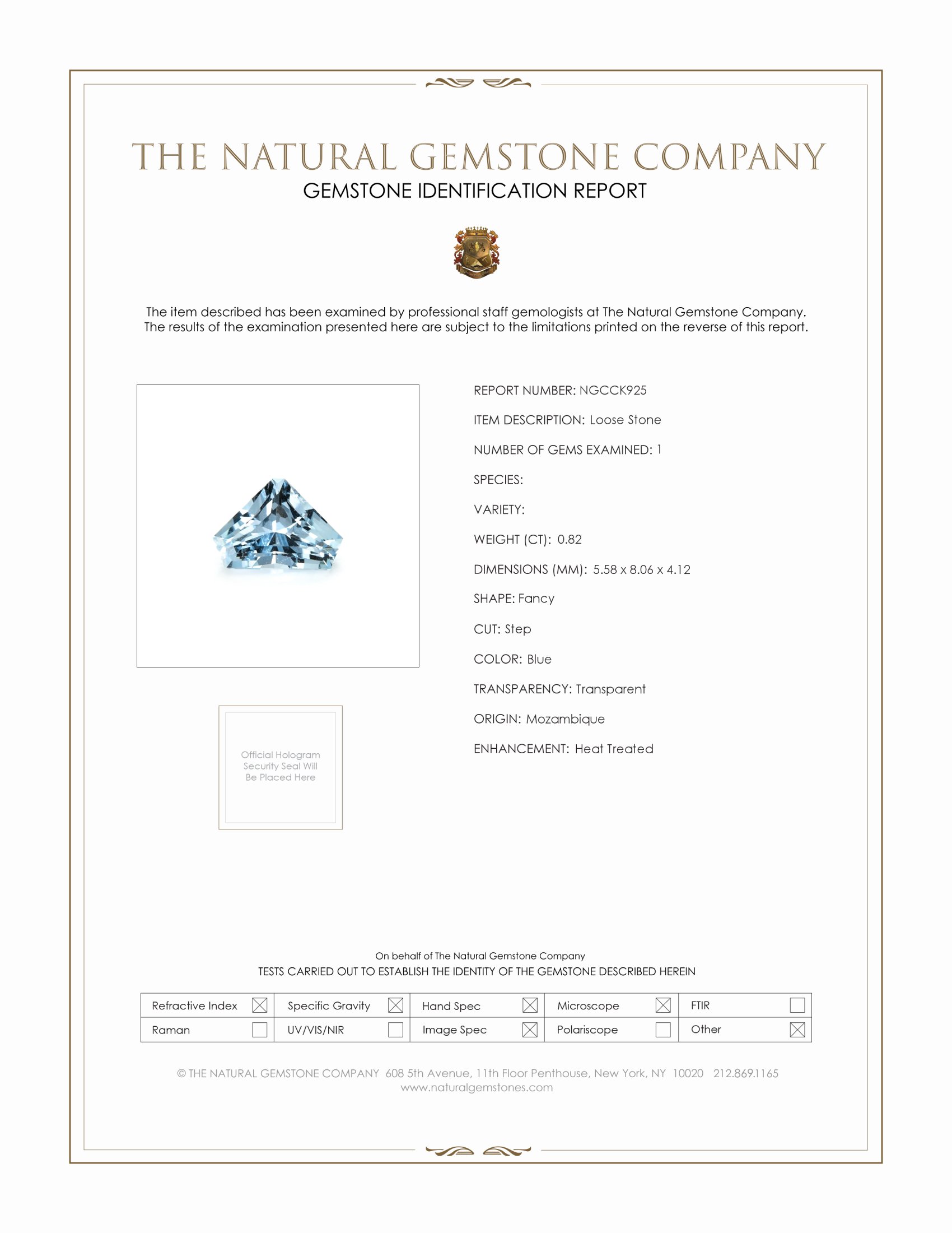 0.82 Ct. Blue Aquamarine from Mozambique