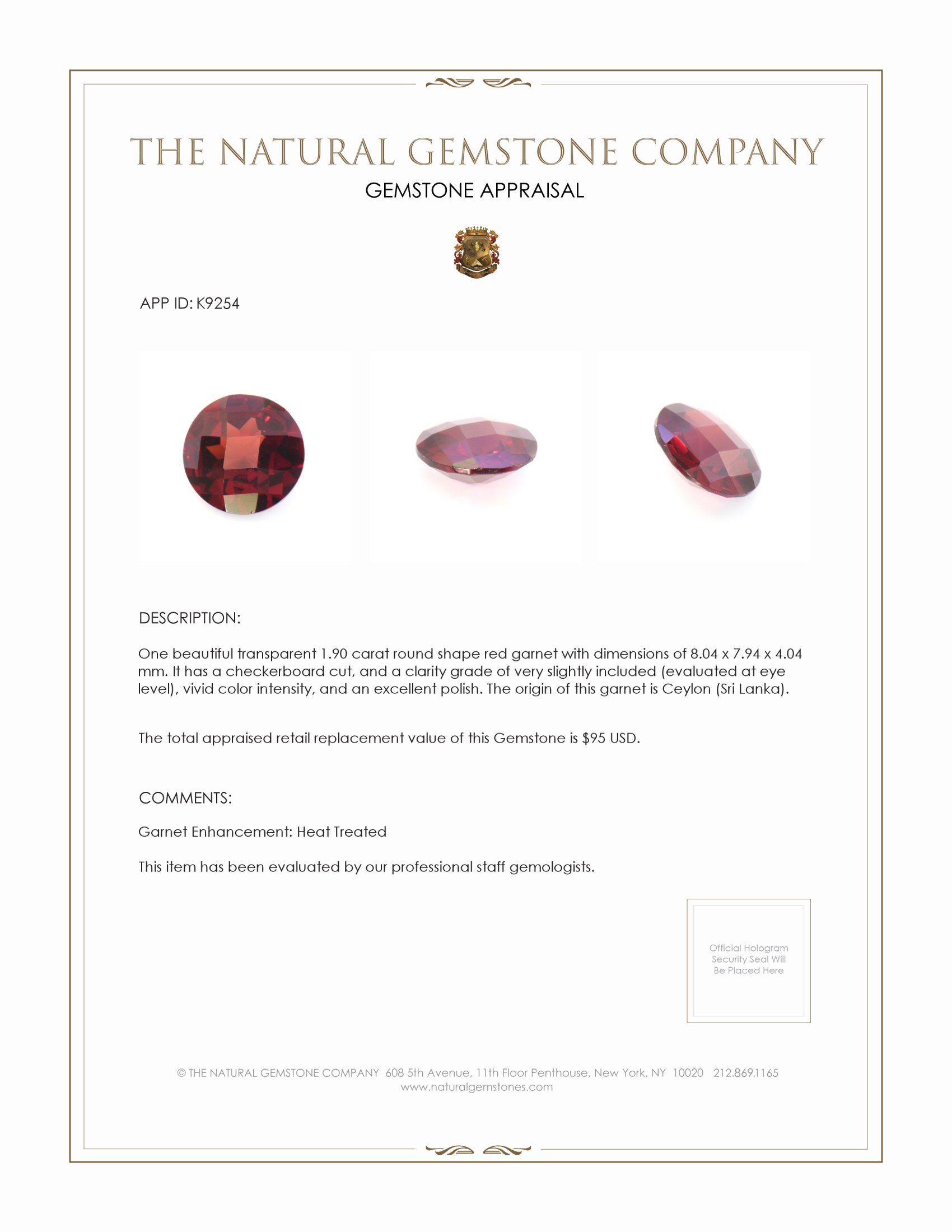 1.90 Ct. Garnet from Ceylon (Sri Lanka)