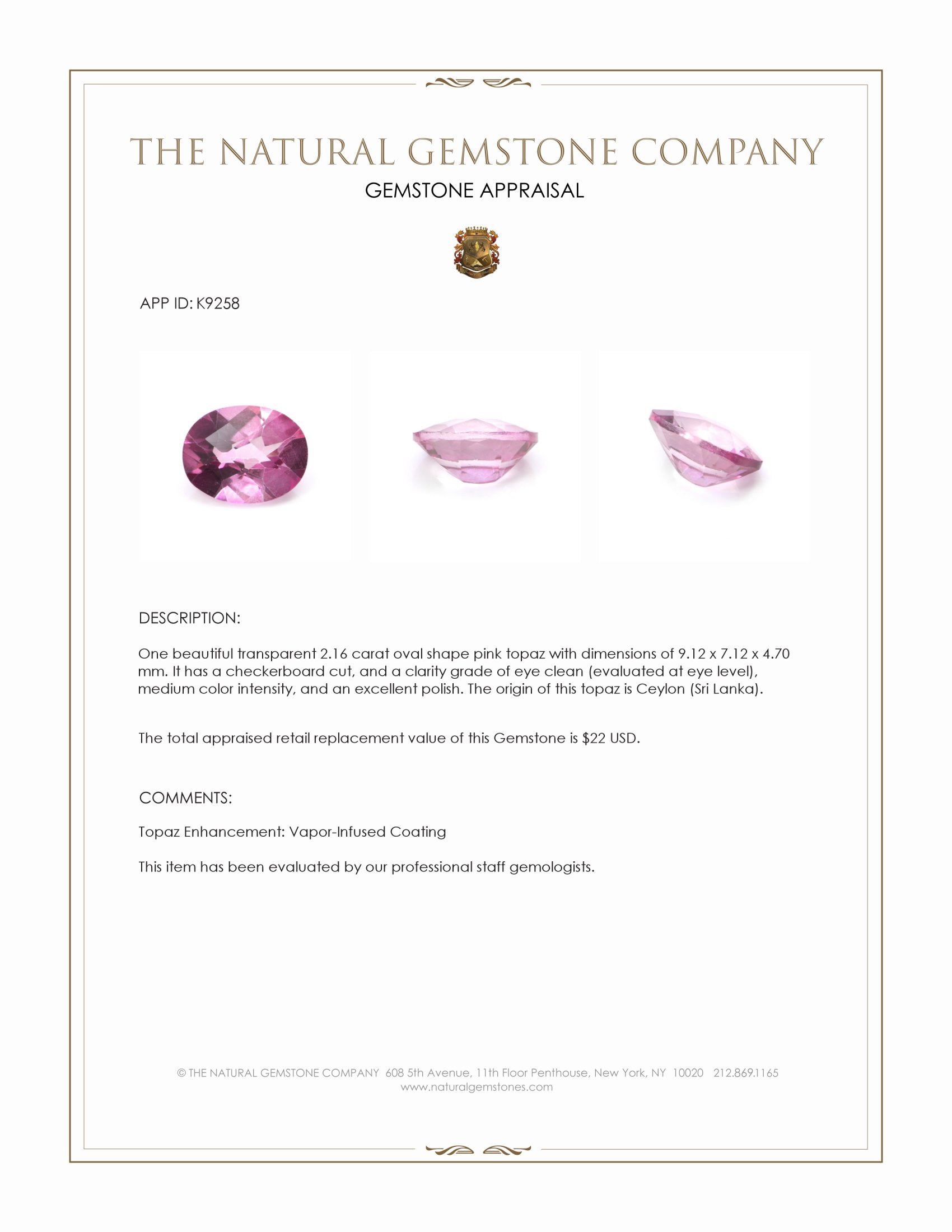 2.16 Ct. Pink Topaz from Ceylon (Sri Lanka)