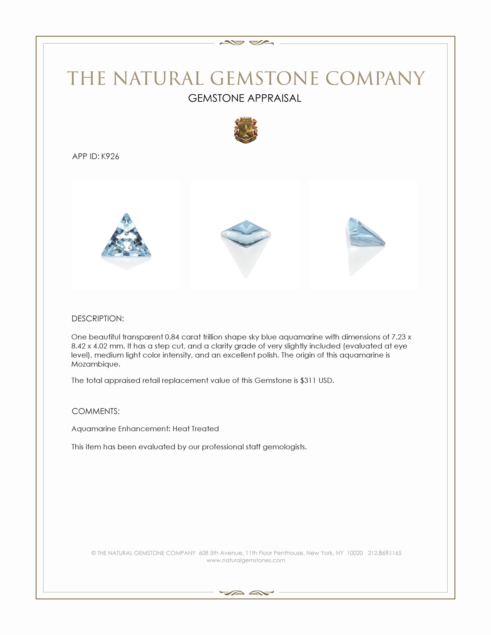 0.84 Ct. Aquamarine from Mozambique