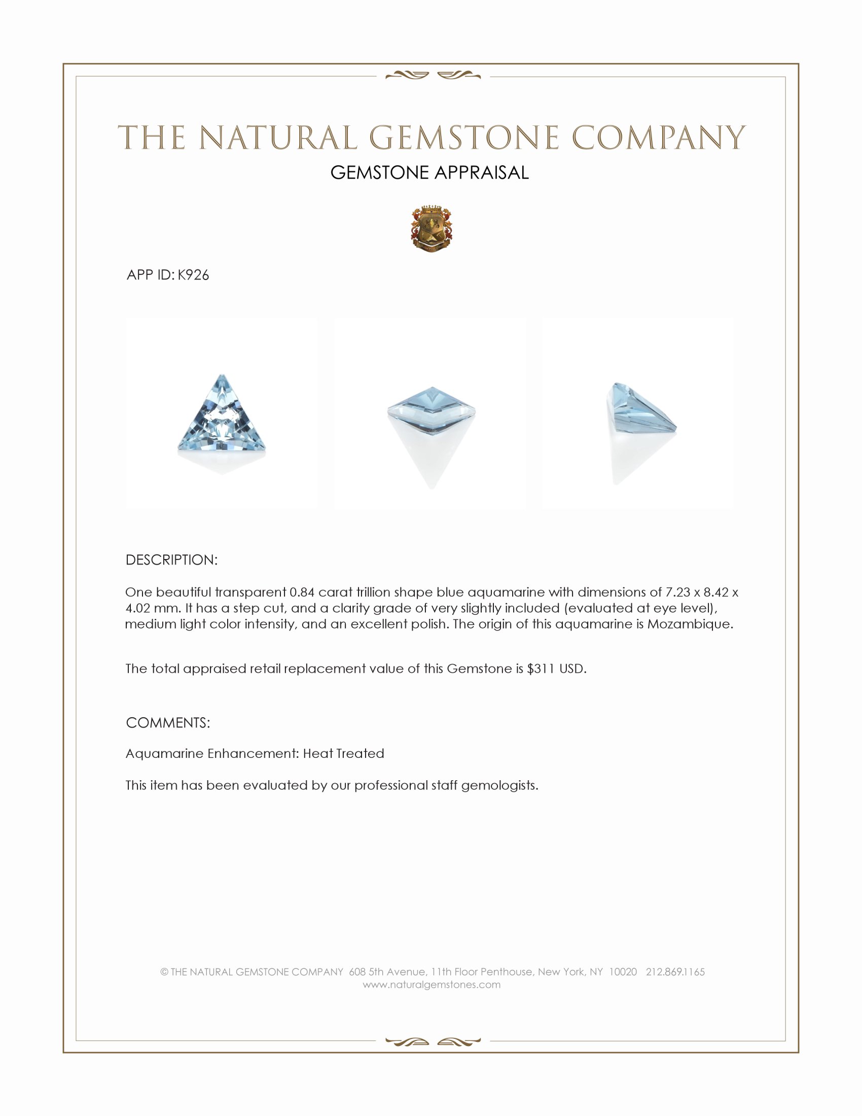 0.84 Ct. Aquamarine from Mozambique