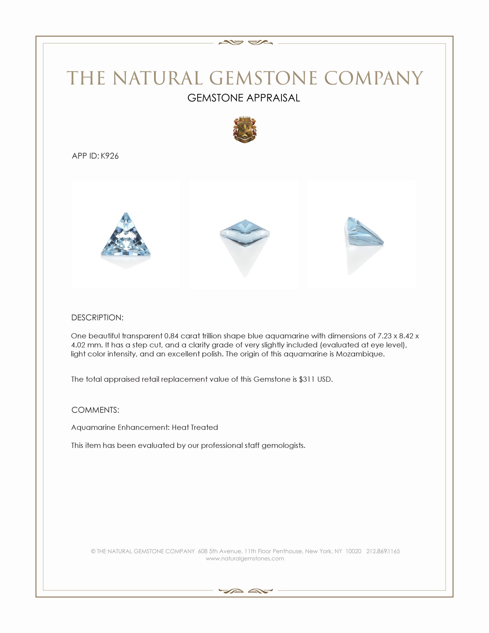 0.84 Ct. Blue Aquamarine from Mozambique