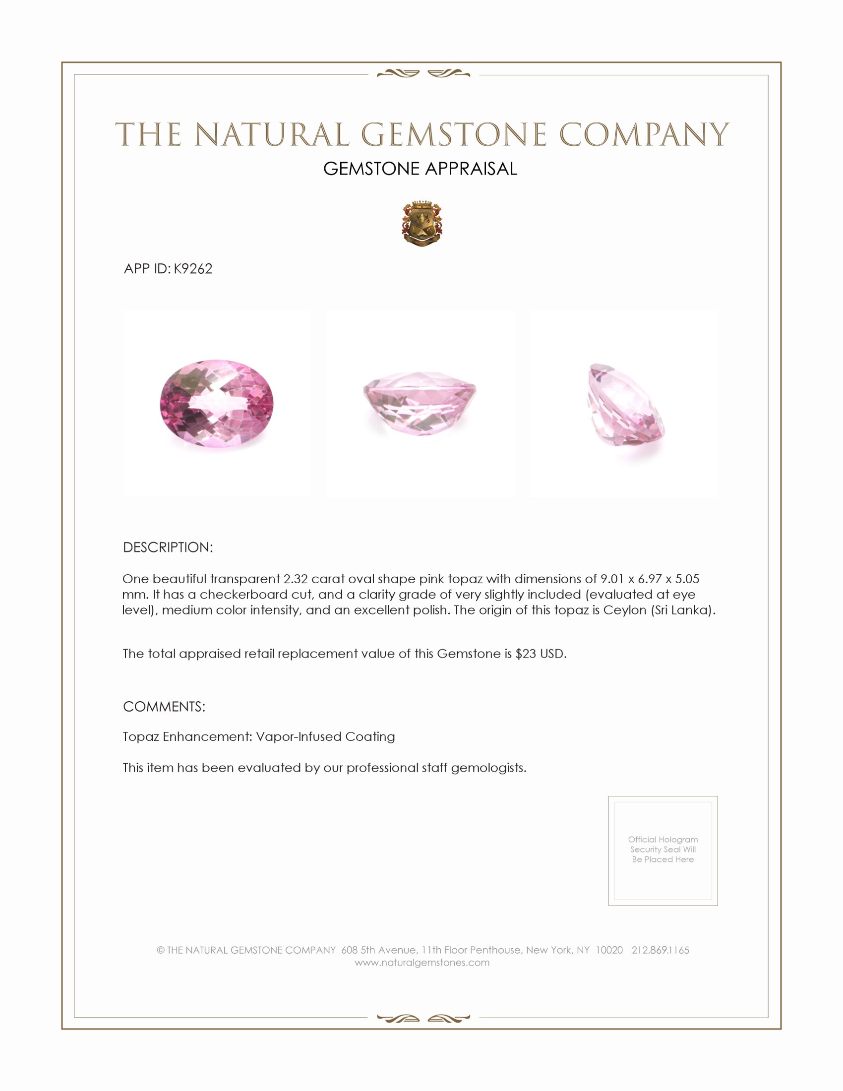 2.32 Ct. Pink Topaz from Ceylon (Sri Lanka)