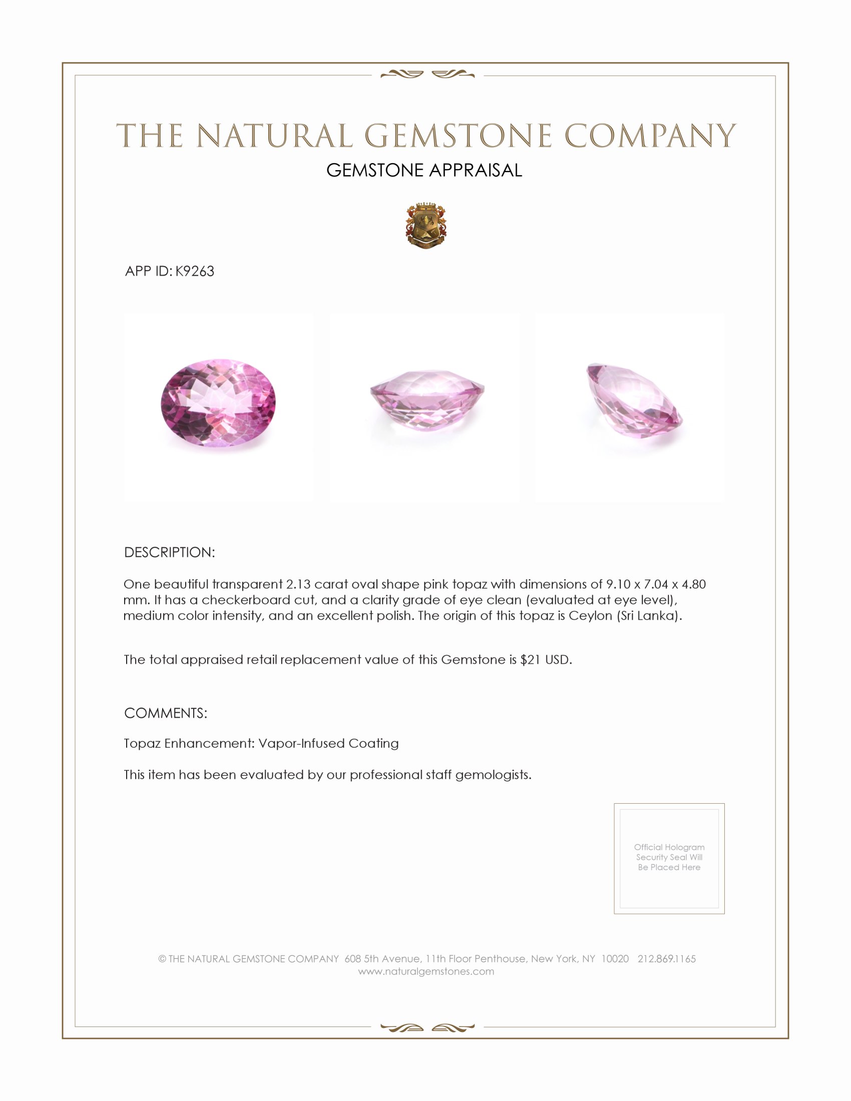 2.13 Ct. Topaz from Ceylon (Sri Lanka)