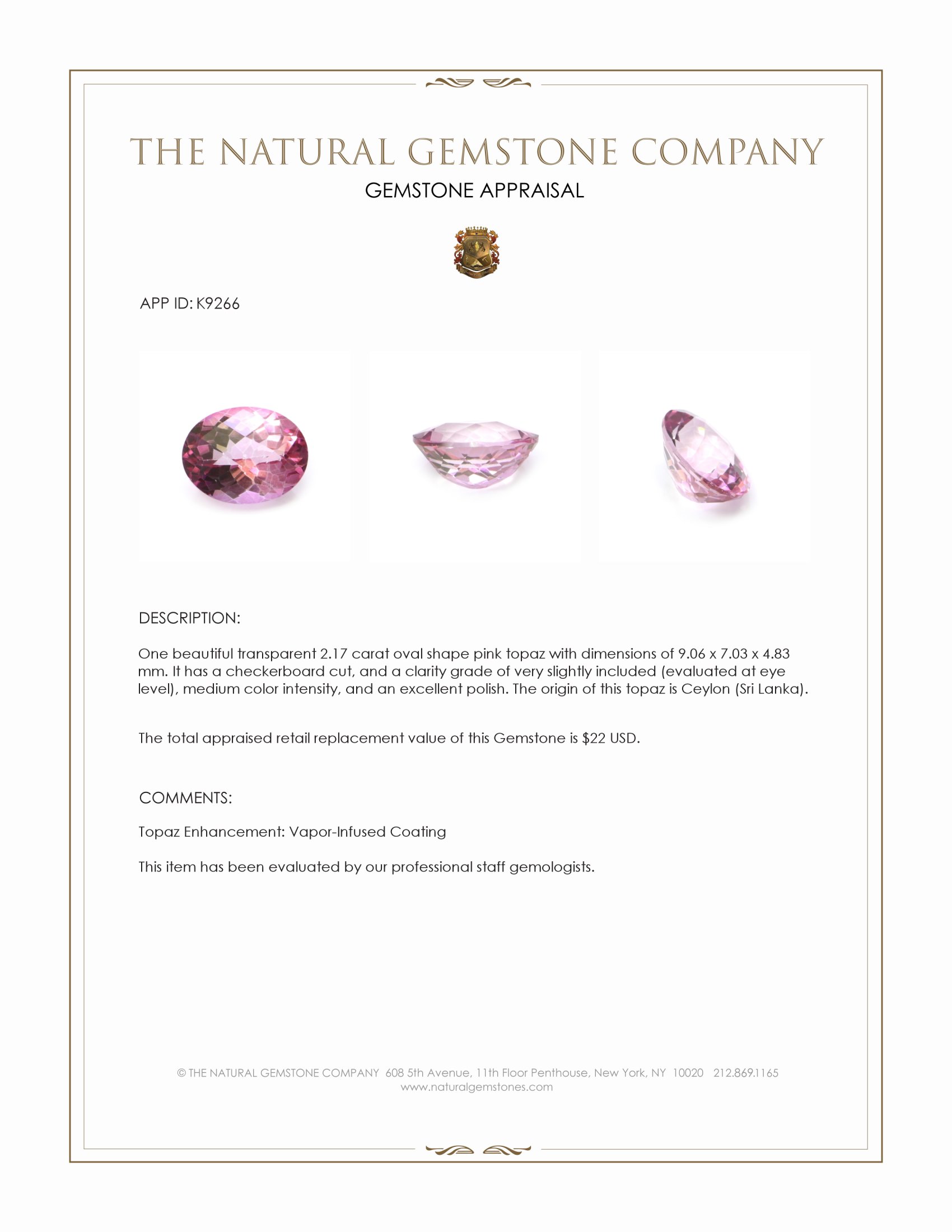 2.17 Ct. Pink Topaz from Ceylon (Sri Lanka)
