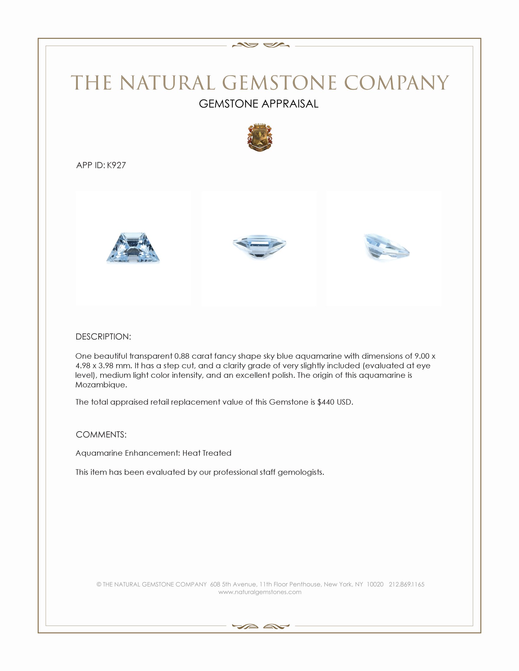 0.88 Ct. Aquamarine from Mozambique