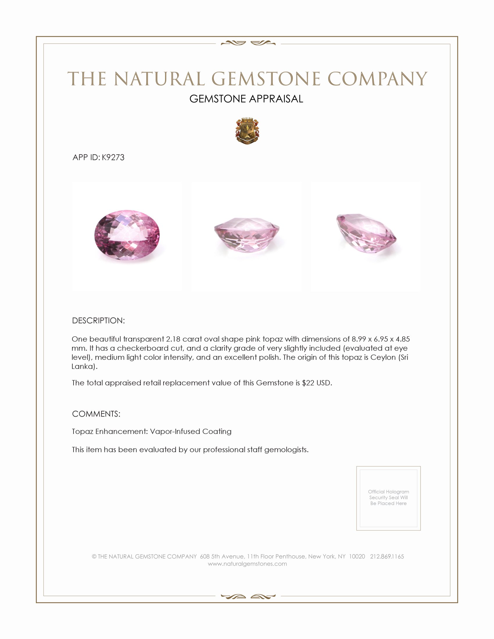 2.18 Ct. Topaz from Ceylon (Sri Lanka)