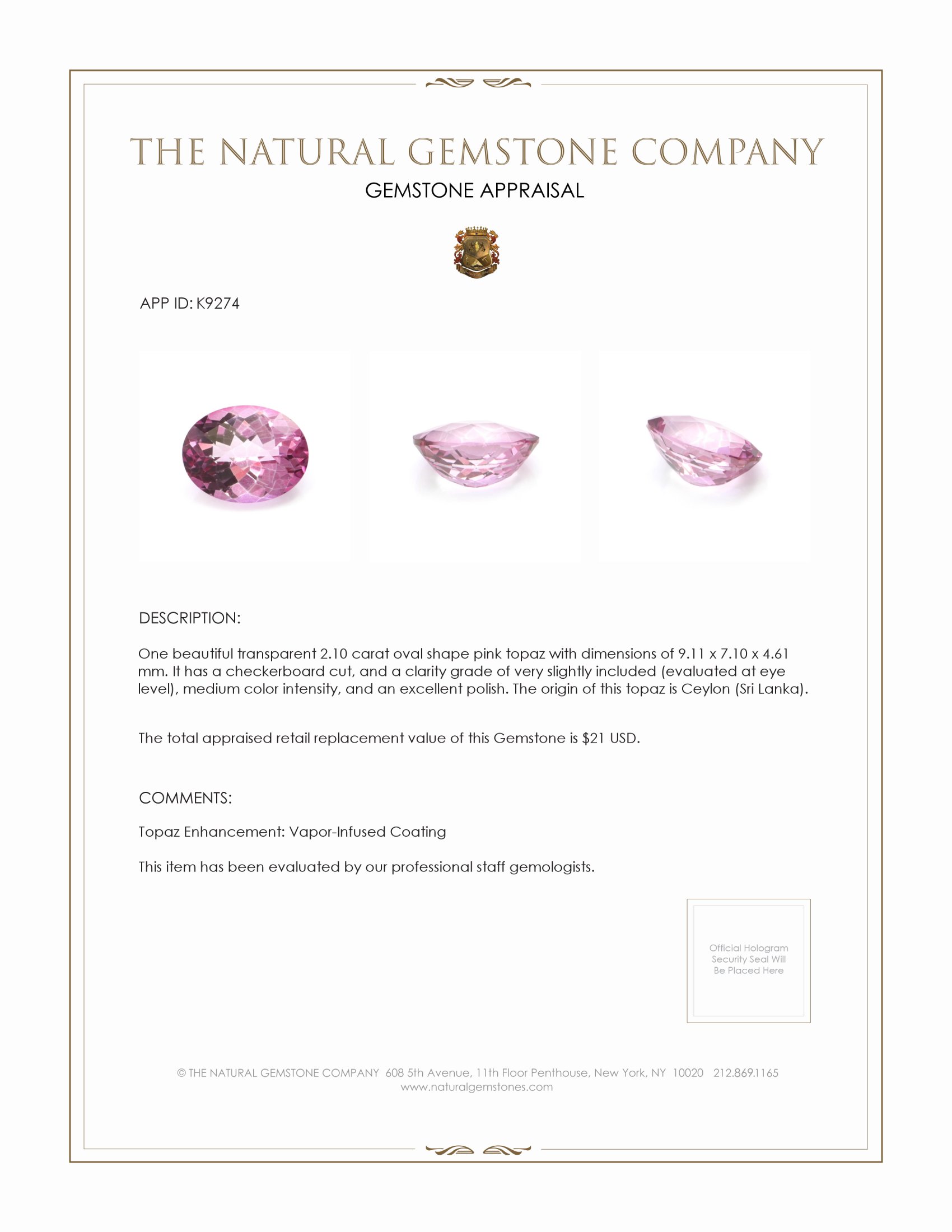 2.10 Ct. Pink Topaz from Ceylon (Sri Lanka)