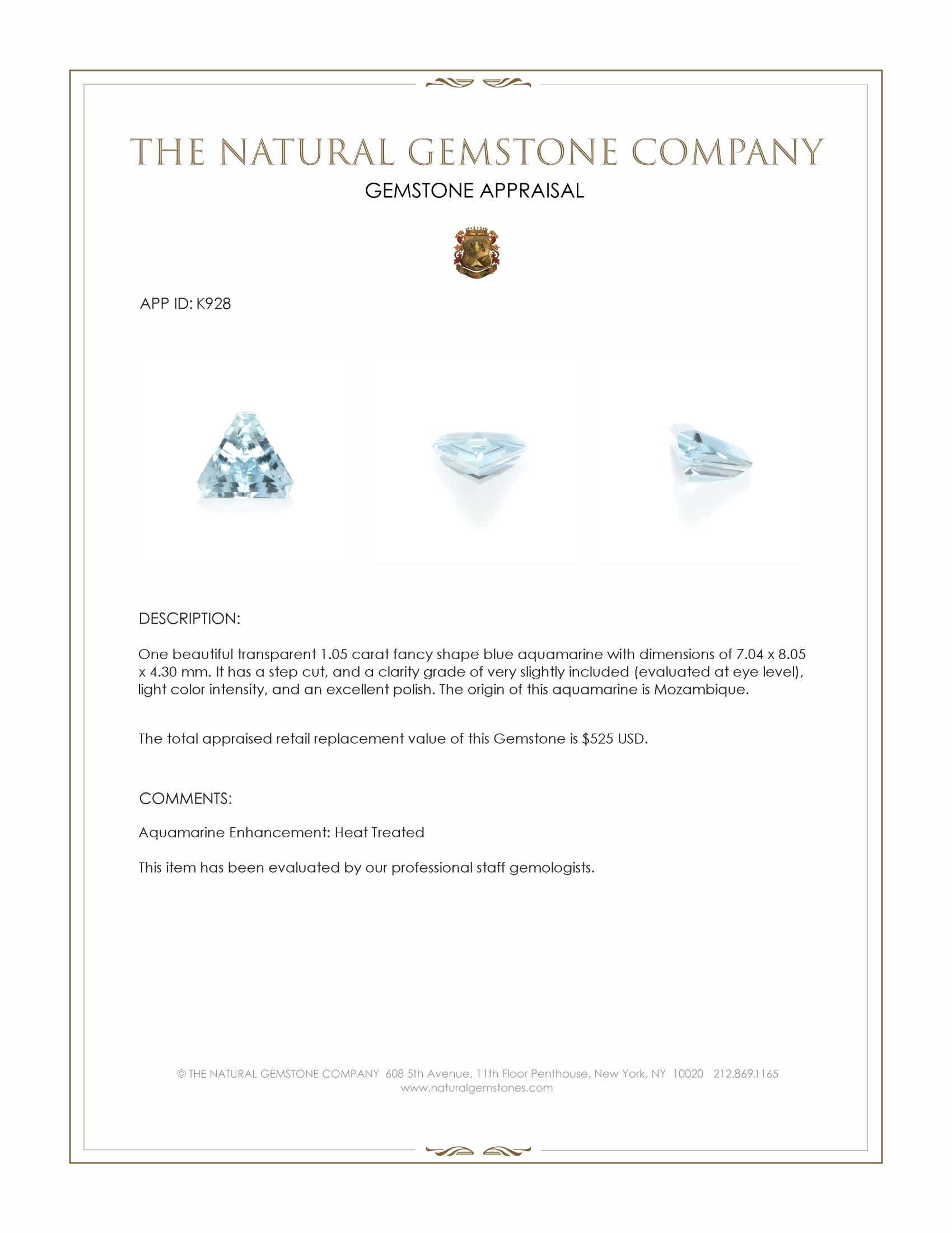 1.05 Ct. Blue Aquamarine from Mozambique