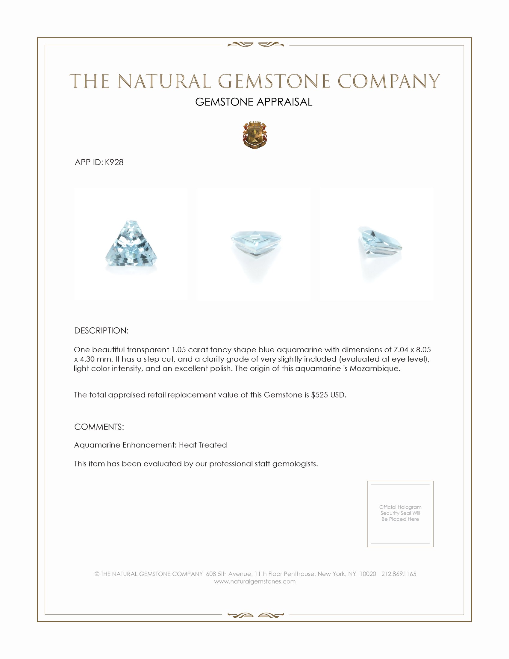 1.05 Ct. Aquamarine from Mozambique