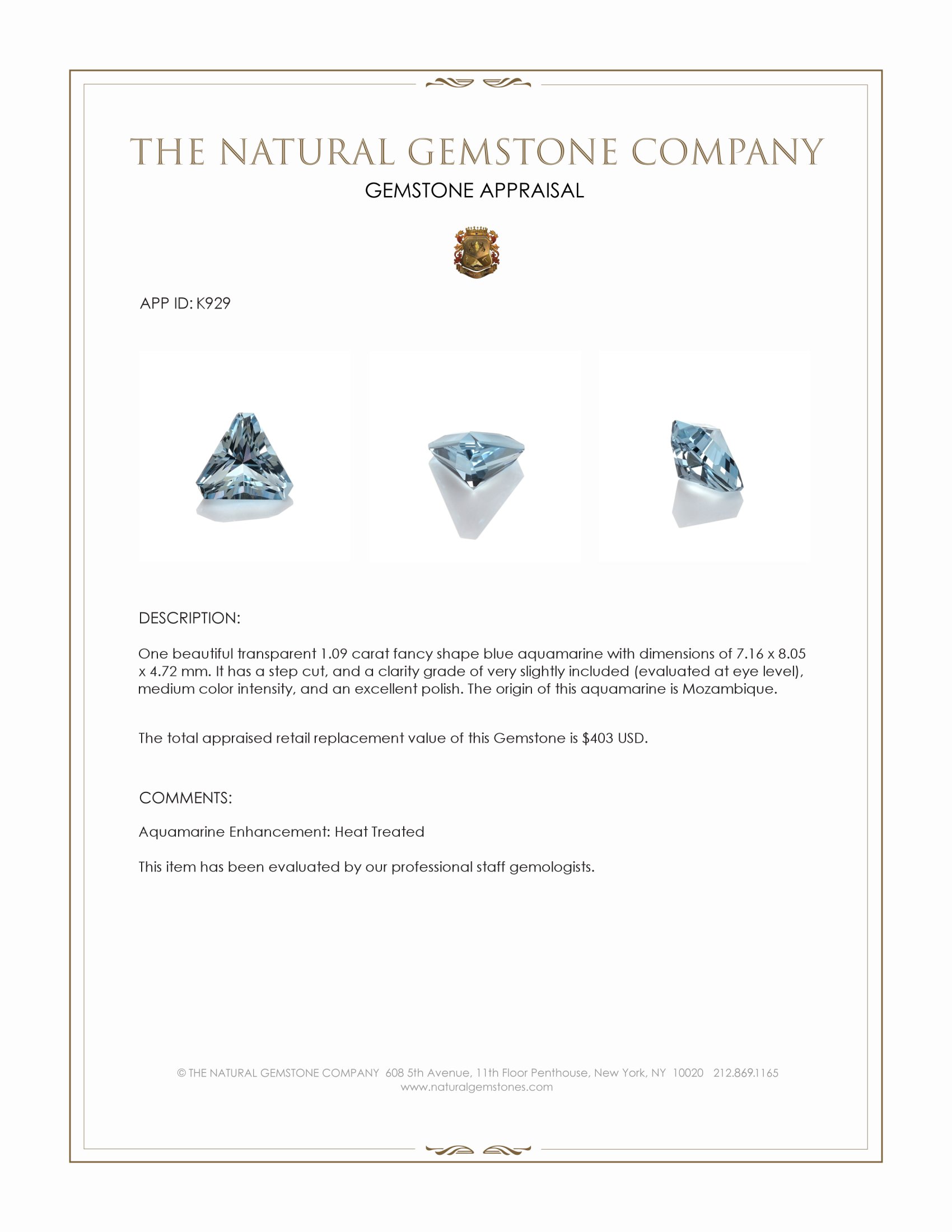 1.09 Ct. Blue Aquamarine from Mozambique