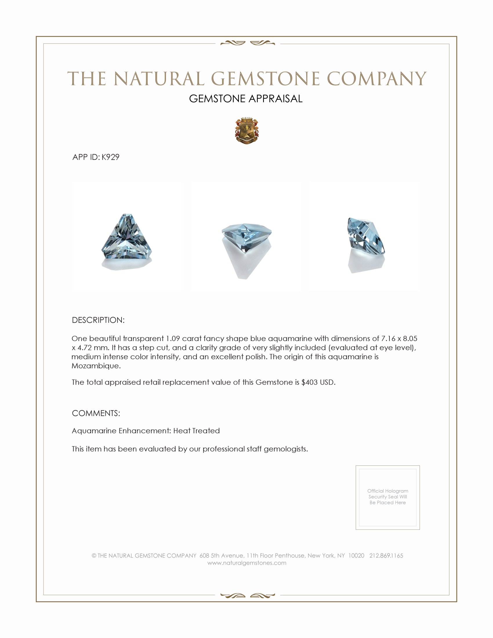 1.09 Ct. Aquamarine from Mozambique