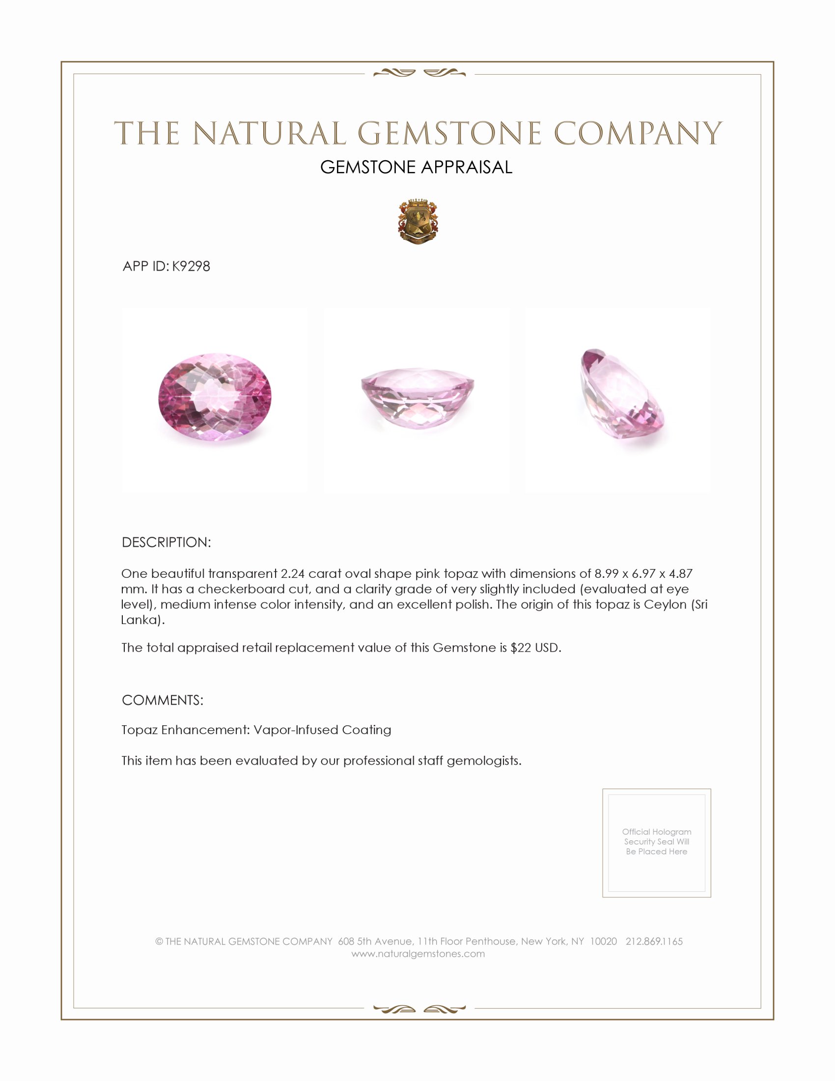 2.24 Ct. Pink Topaz from Ceylon (Sri Lanka)