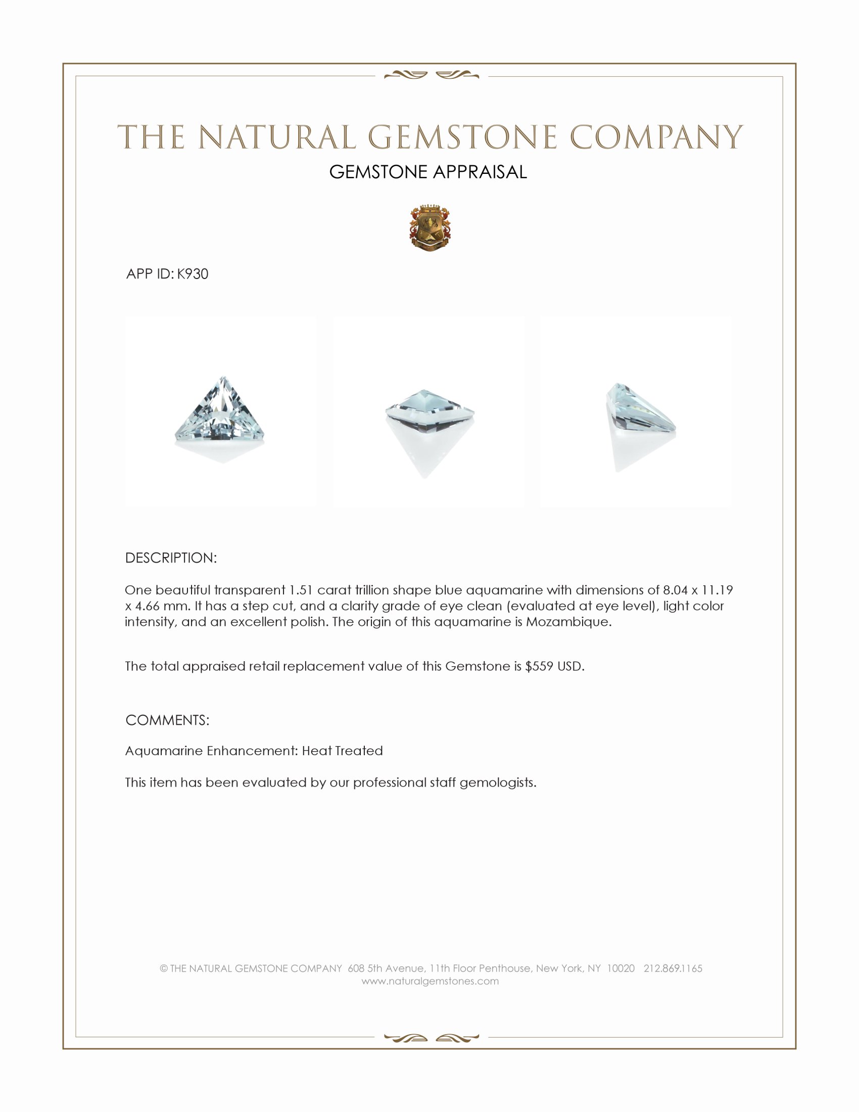 1.51 Ct. Aquamarine from Mozambique