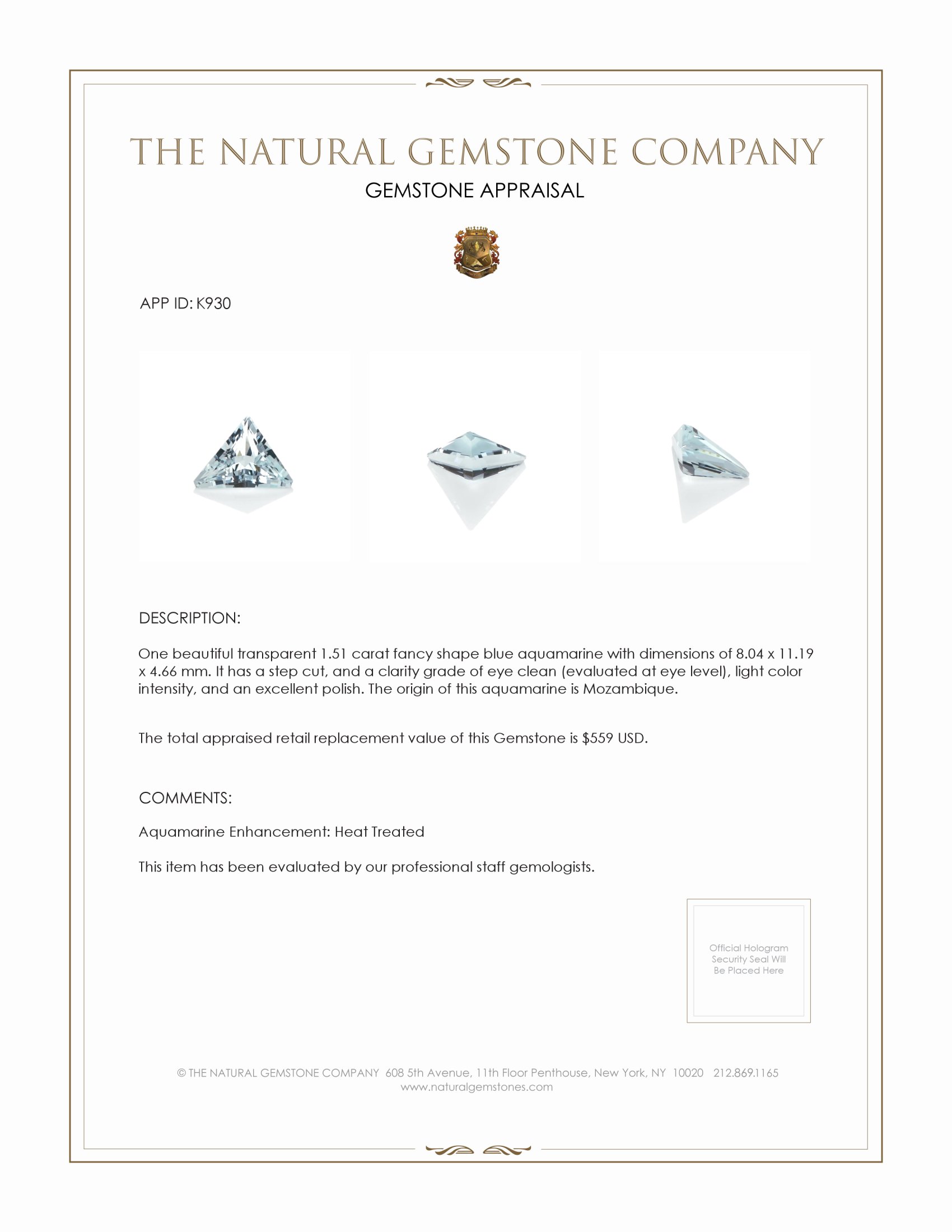 1.51 Ct. Aquamarine from Mozambique