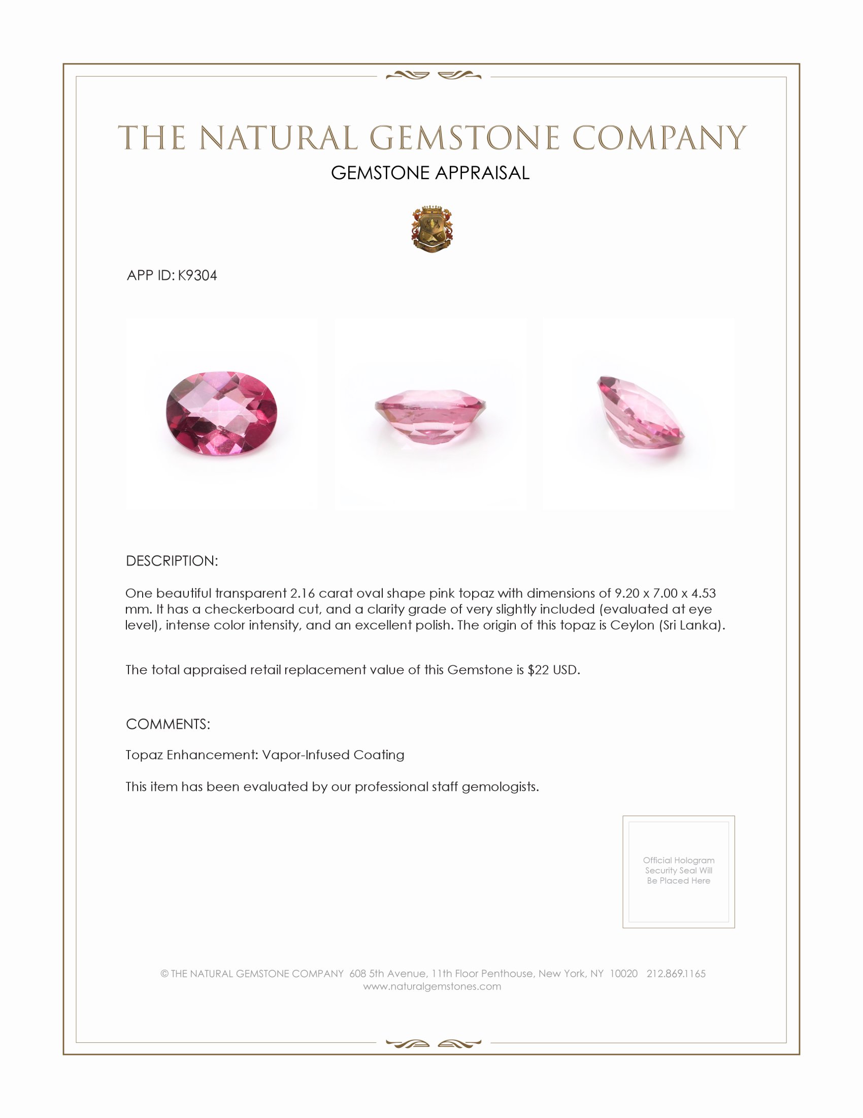 2.16 Ct. Pink Topaz from Ceylon (Sri Lanka)