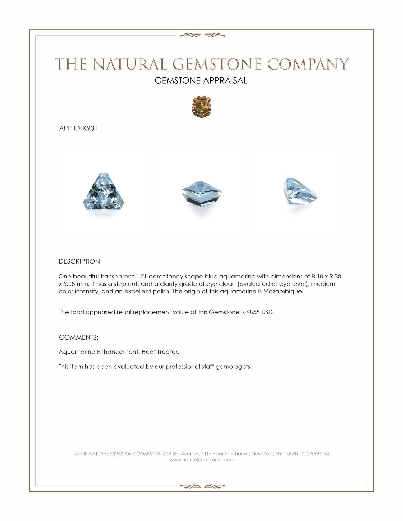 1.71 Ct. Blue Aquamarine from Mozambique