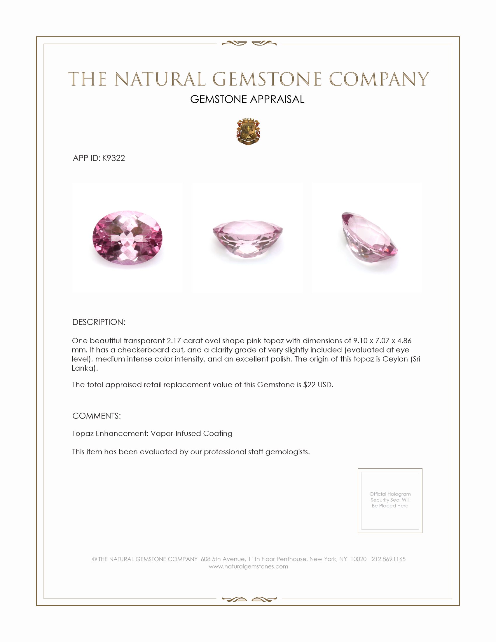 2.17 Ct. Pink Topaz from Ceylon (Sri Lanka)