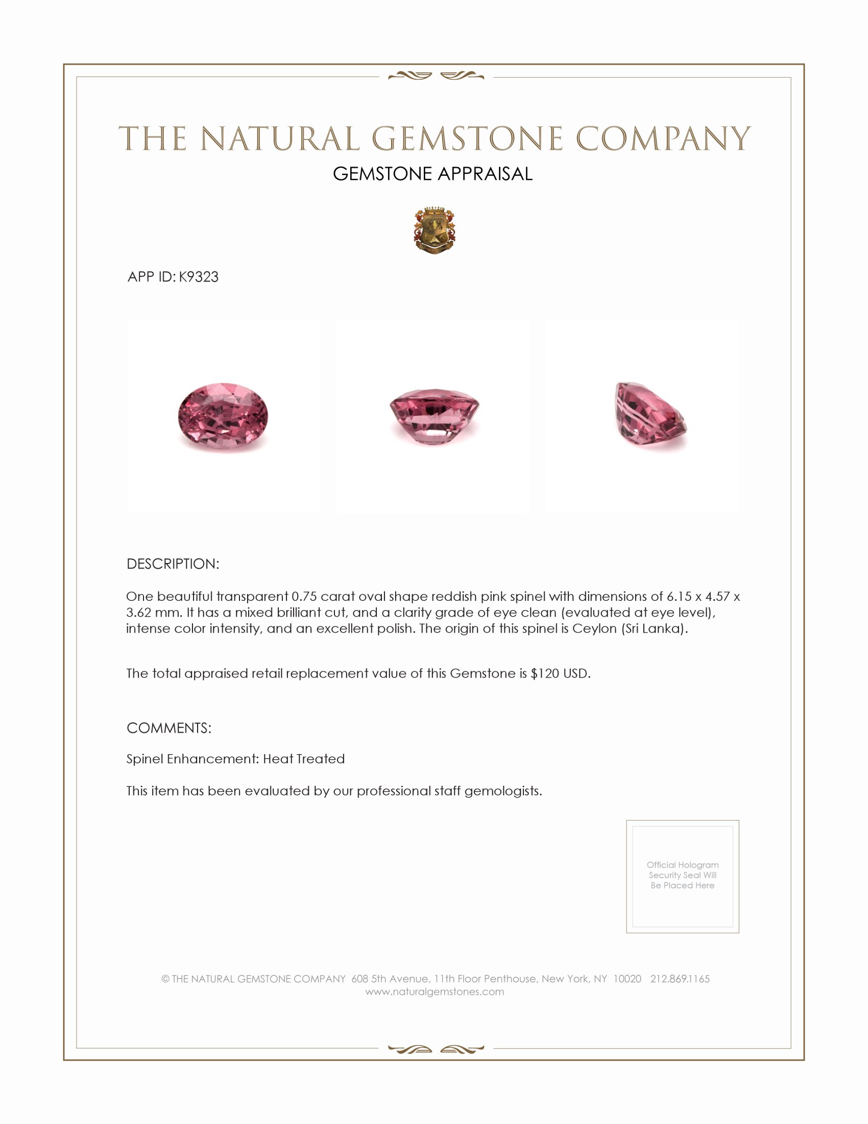 0.75 Ct. Spinel from Ceylon (Sri Lanka)