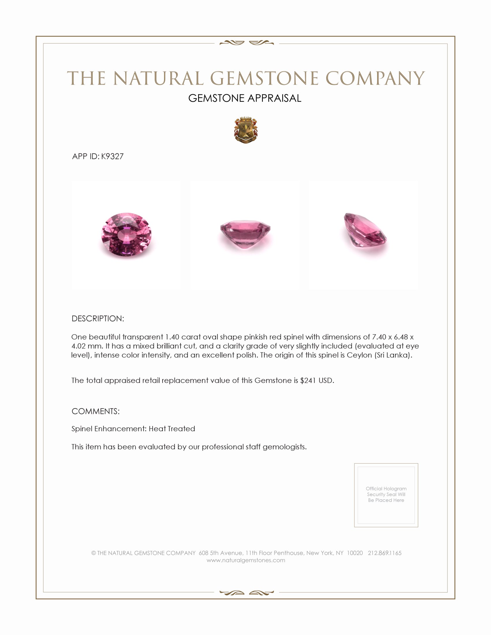 1.40 Ct. Spinel from Ceylon (Sri Lanka)