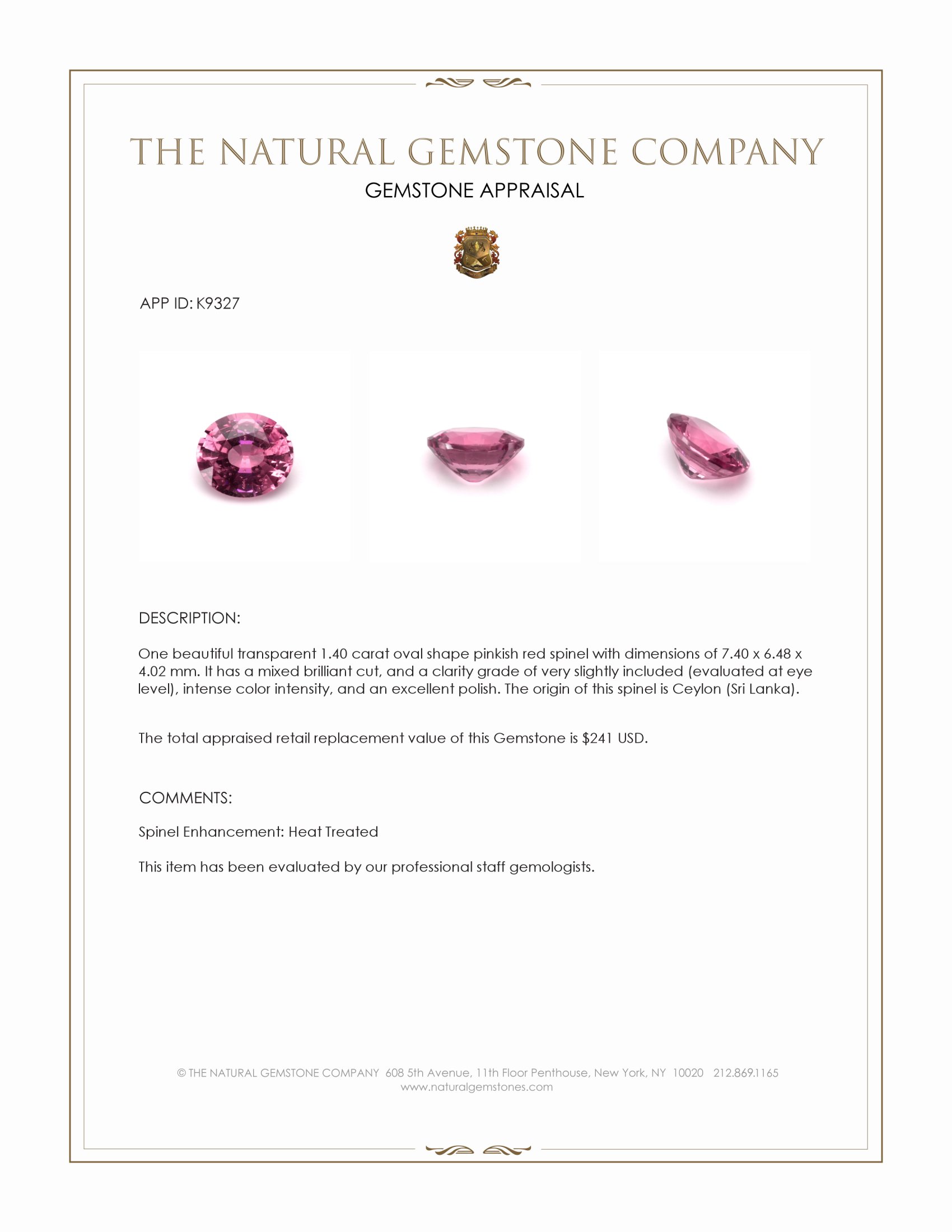 1.40 Ct. Spinel from Ceylon (Sri Lanka)