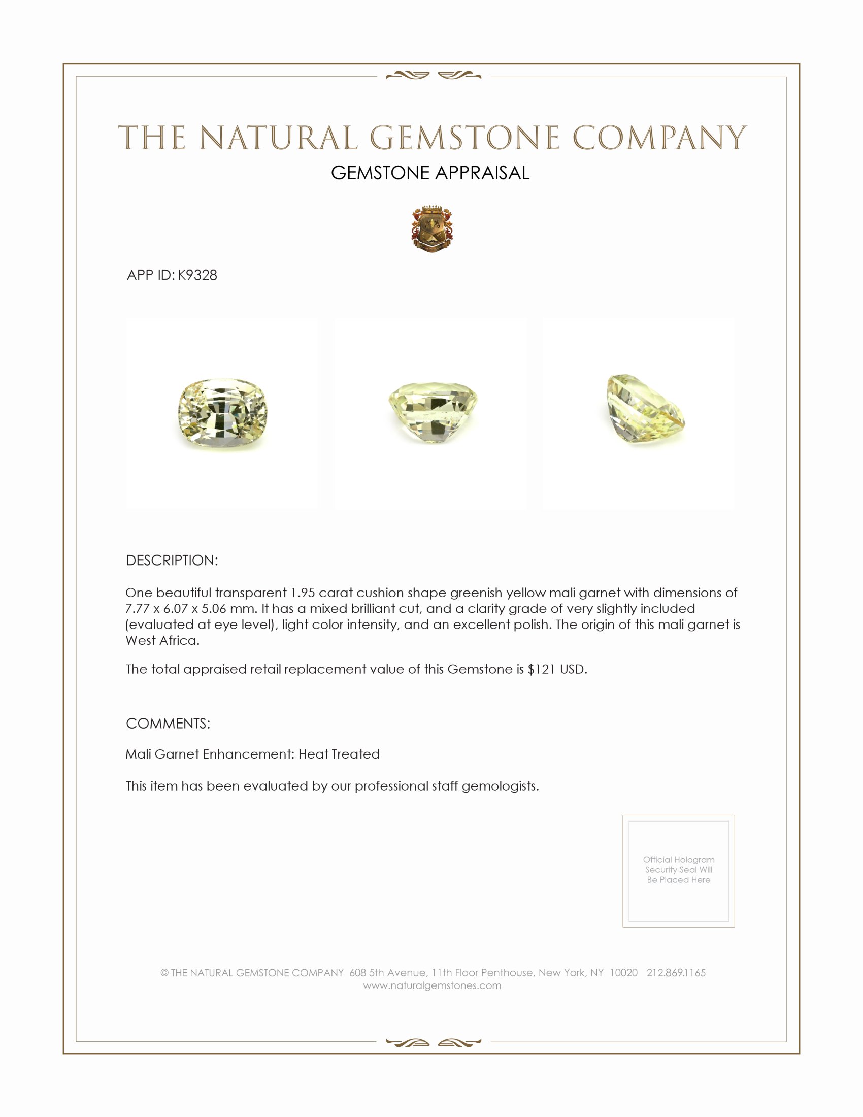 1.95 Ct. Greenish Yellow Mali Garnet from West Africa