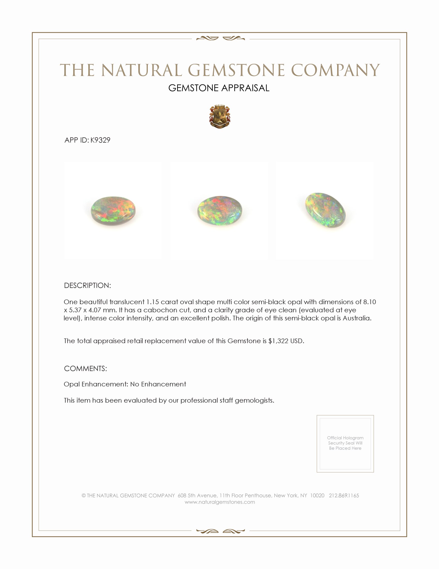 1.15 Ct. Cabochon Semi-Black Opal from Australia