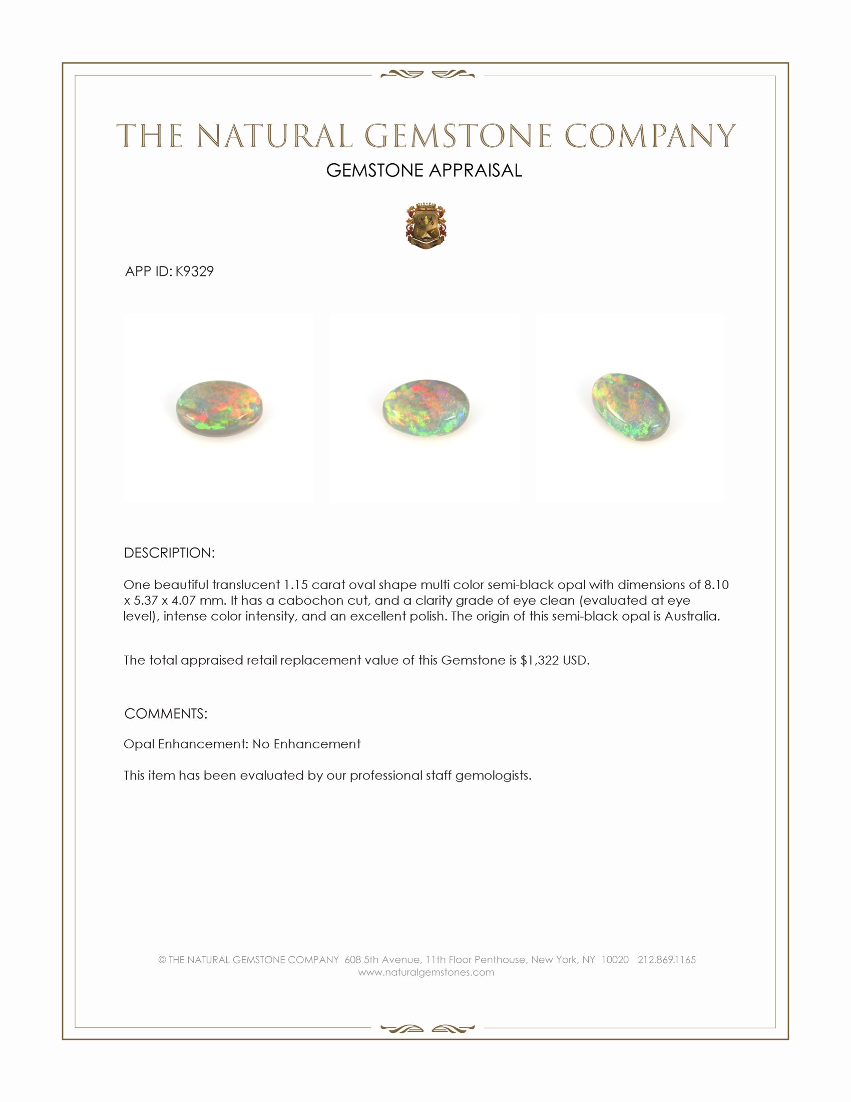 1.15 Ct. Multi Color Cabochon Semi-Black Opal from Australia