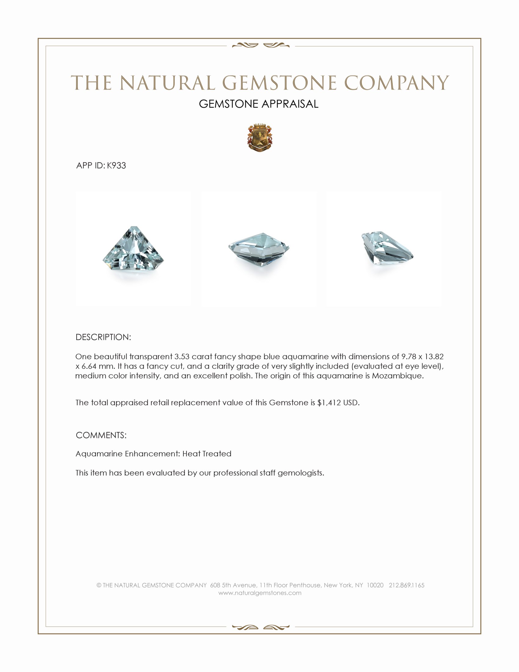 3.53 Ct. Blue Aquamarine from Mozambique