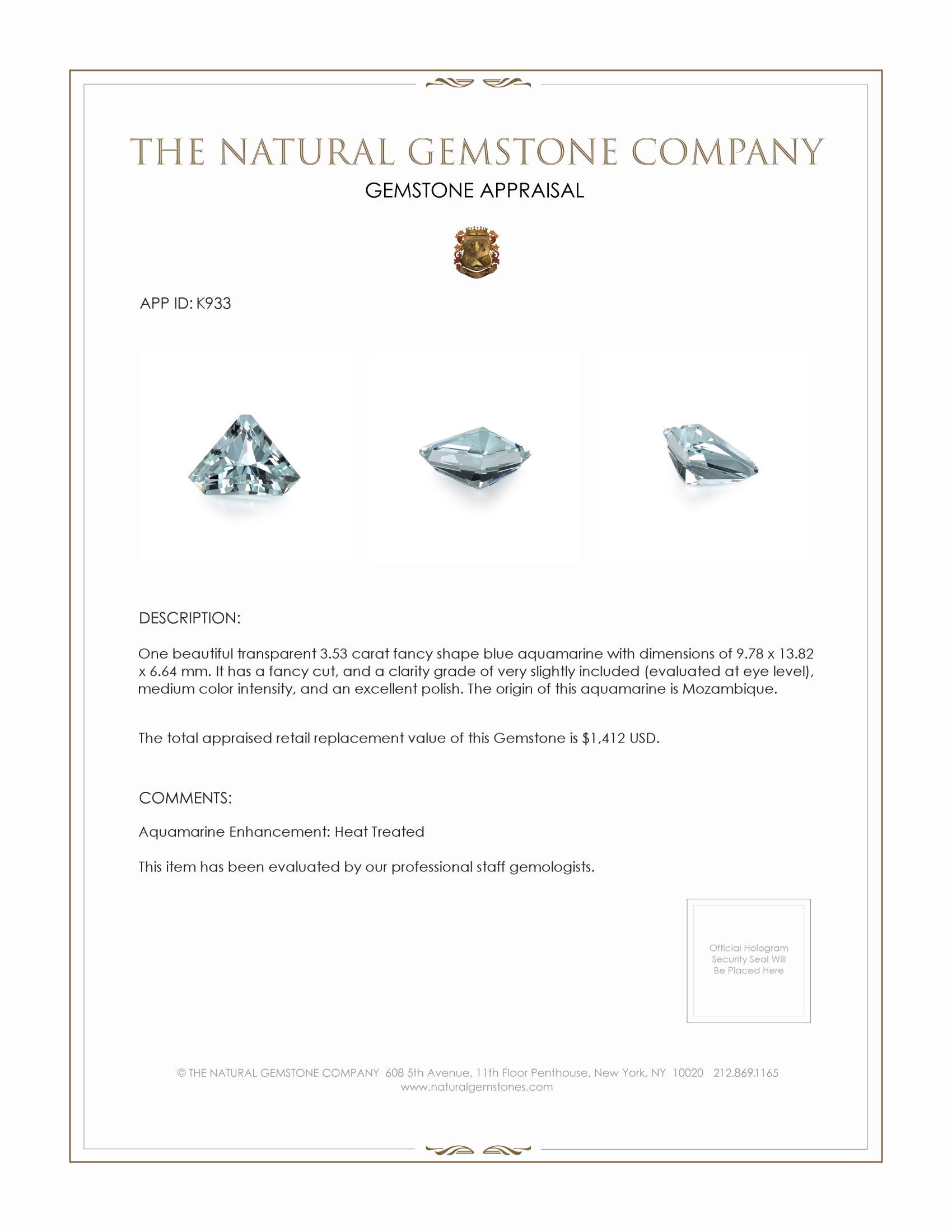3.53 Ct. Aquamarine from Mozambique